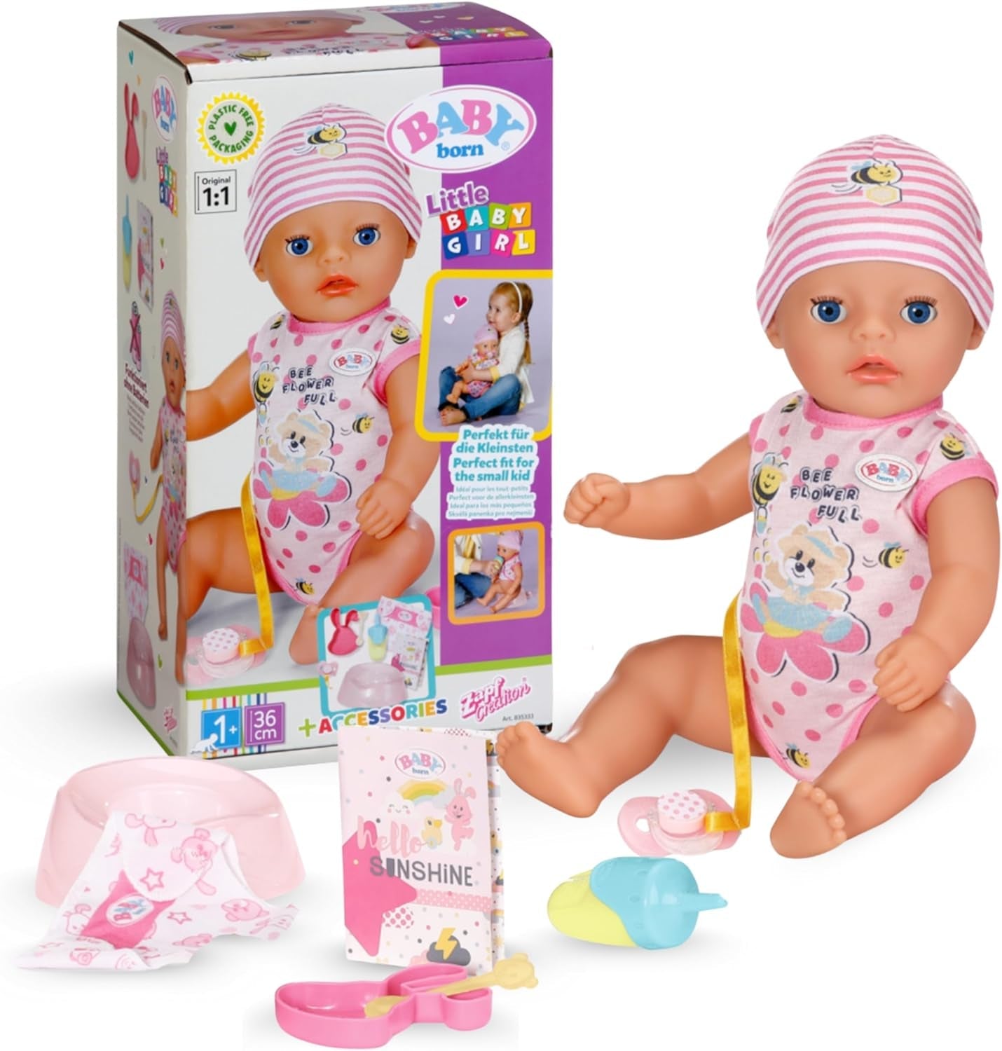 BABY Born Lena (Mädchen) – Babypuppe 36 cm – 7 Funktionen, inklusive Zubehör und Matratze – Funktioniert komplett ohne Batterien – Geeignet für Kleinkinder ab 1 Jahr
