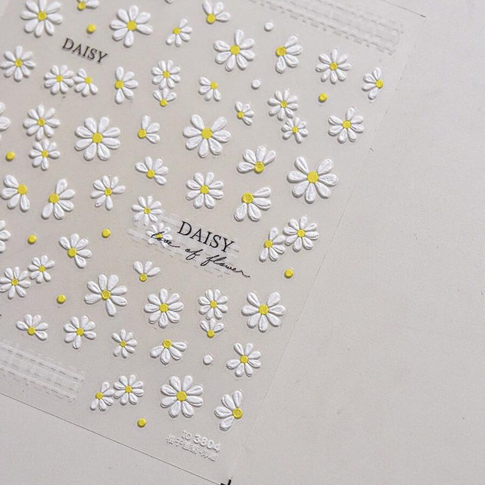 5D geprägte weiße Gänseblümchen-Nagelaufkleber, Blumen, Nagelaufkleber, Blumen, Folie, selbstklebende Aufkleber, Nagelkunstaufkleber, Gänseblümchen, Nageldekorationszubehör, Blumendesign-Aufkleber, Nagelkunst