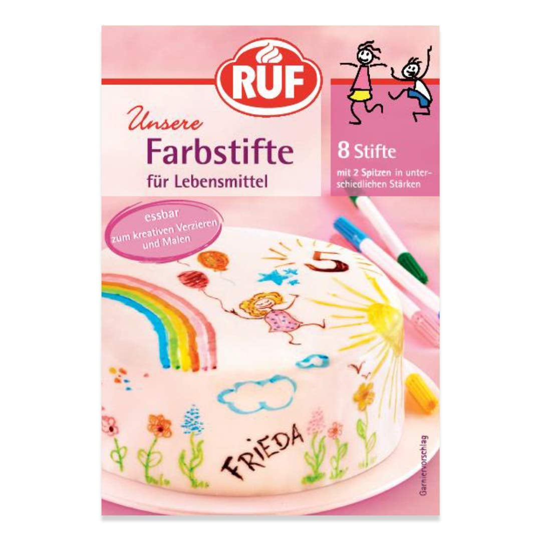 RUF Lebensmittelfarbstifte, Set mit 8 sicheren Lebensmittelfarbstiften zum Malen und Schreiben auf Fondant und Ähnlichem. Zuckerstifte mit je 2 Spitzen