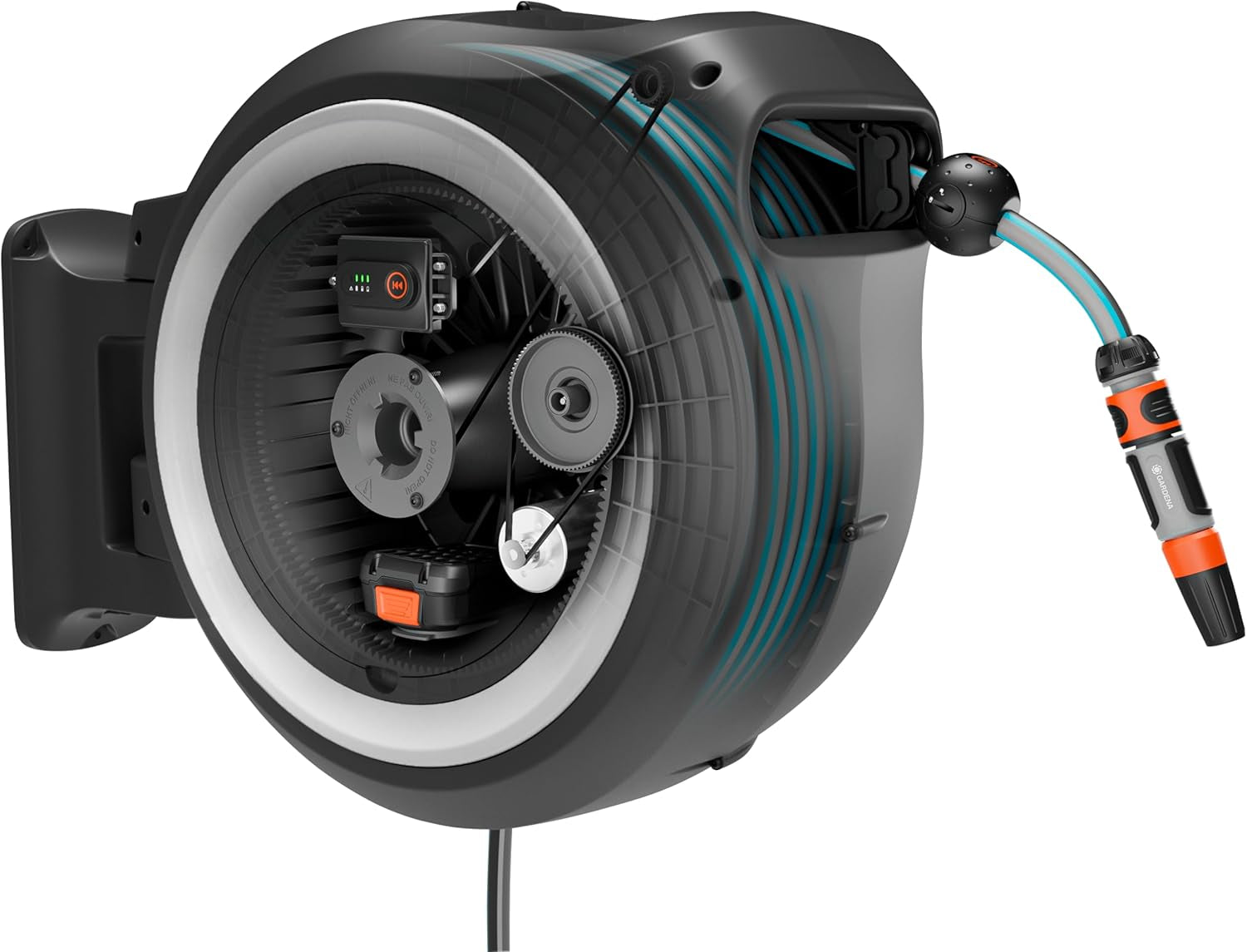 Gardena PowerRoll XXL Solo Akku-Wandschlauchbox: Automatischer Schlauchaufroller mit 40 m Gartenschlauch, Schlauchführung und RollControl, batteriebetrieben, UV- und frostbeständig (18647-55)
