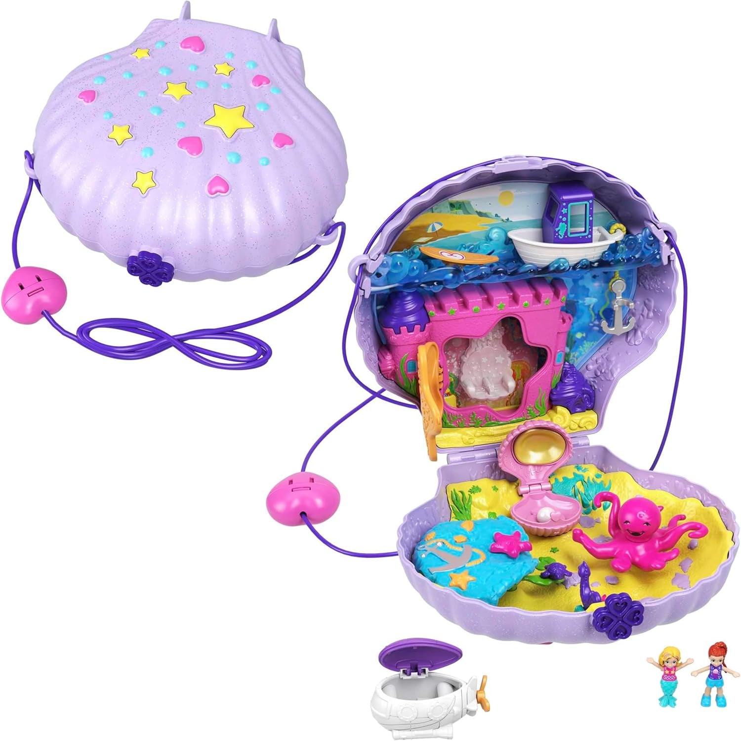 Polly Pocket-Aufbewahrungsbox, Muscheltasche mit 2 Puppen und 1 U-Boot-Polly Pocket-Meerjungfrau-Spielzeug, ab 4 Jahren, GNH11