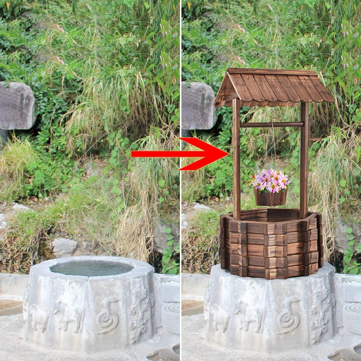 Holzbrunnen 56x56x114cm mit Dach, Wunschbrunnen, Gartendekoration, Blumentöpfe, Dekobrunnen, Blumentöpfe, Braun
