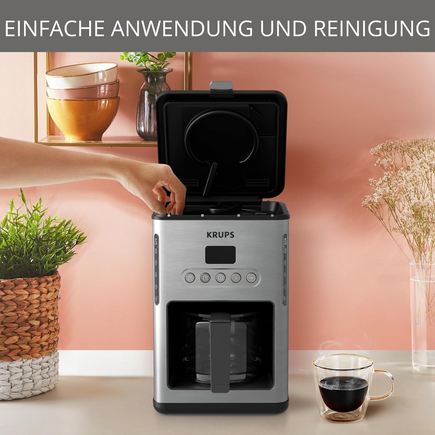Kaffee-Espressomaschine mit Filter Krups KM442D Premium | 10-15 Tassen | 1000 Watt | programmierbar | Warmhaltefunktion | Edelstahl | Schwarz