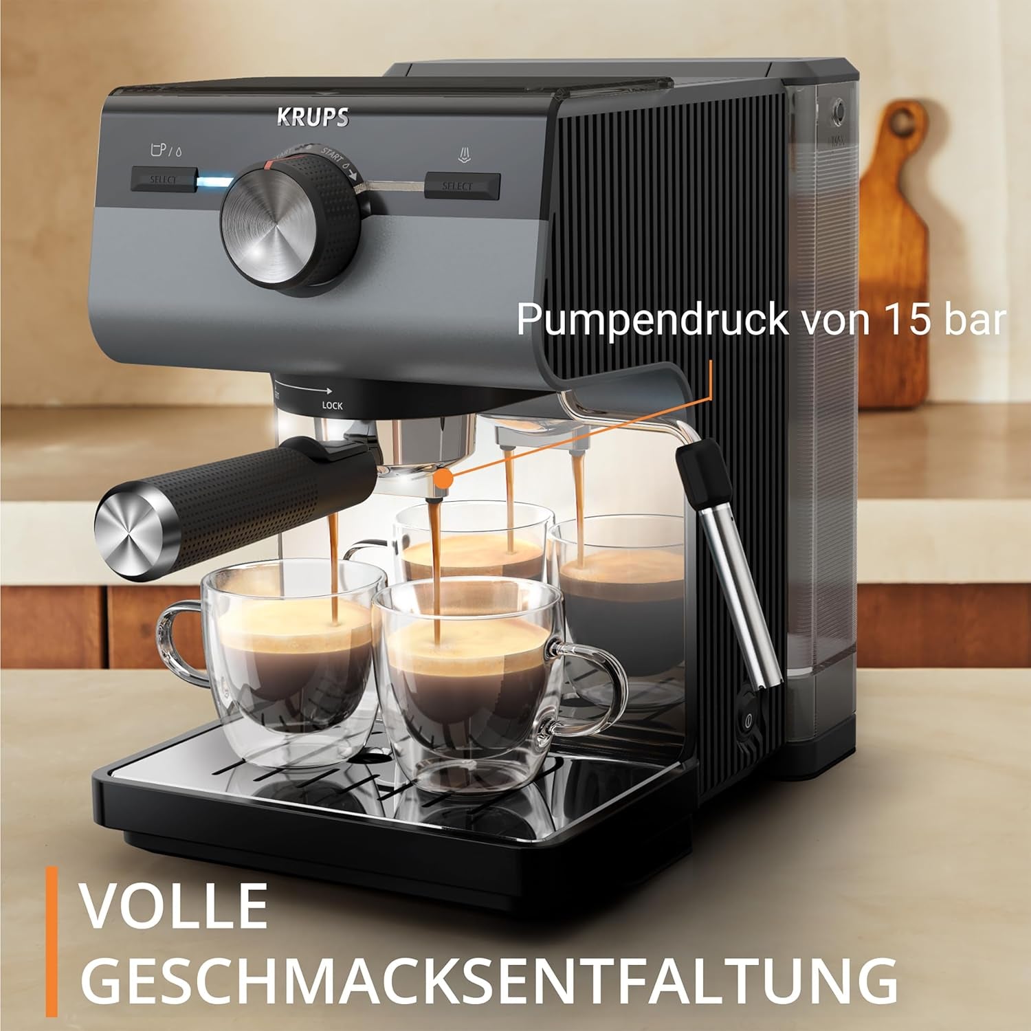 KRUPS Authentic+ Espressomaschine, 15 bar, intuitive Bedienung, anspruchsvolles Design, Dampfdüse, inklusive erweitertem Zubehör, Bullet Dark Silver/Edelstahl, XP384G10