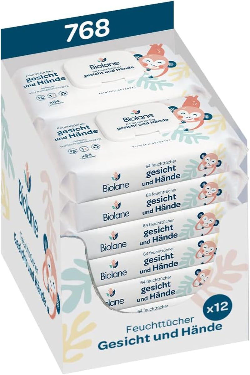 BIOLANE – Feuchttücher für Babys, Gesicht und Hände – Extra sanfte Reinigungstücher für die Hygiene – Feuchttücher für Babys ab der Geburt – Alkoholfrei – 12 x 64 Tücher (768 Tücher)