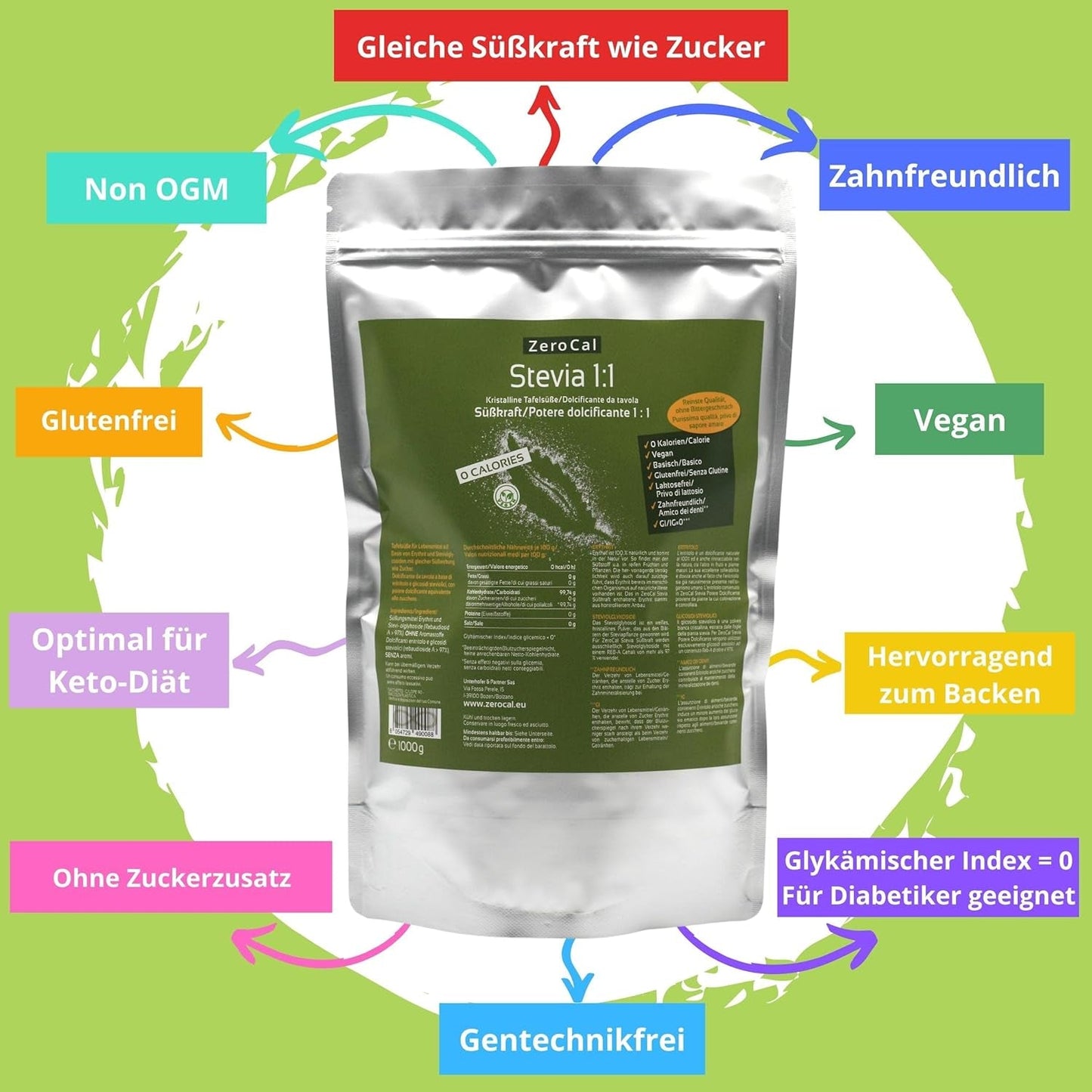 Stevia 1:1 (Erythrit - Stevia) - Natürlicher Zuckerersatzstoff, 1000 G Süßstoffe Naty Shop