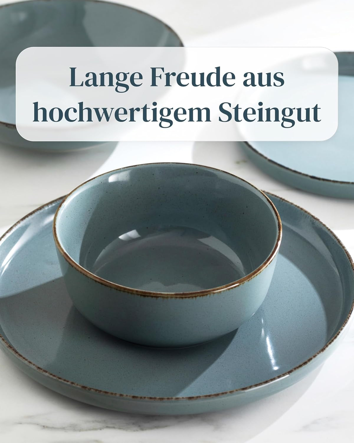 Steingut Geschirrset 12 Personen Rustikal 36 tlg. TESTSIEGER, Hochwertiges Landhausstil Steingut Geschirr Set, Schüssel- und Teller Set, Tafelservice 12 Personen, Geschirrsets Pure Living in Rauchblau