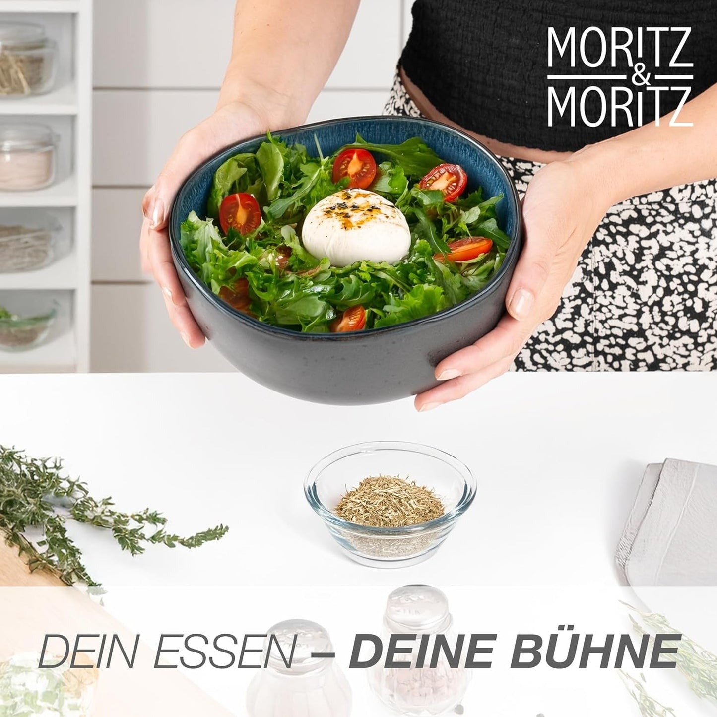 Moritz & Moritz ORGANIC Servierschalen-Set, Blau – 2 große hochwertige Steinzeugschalen, modern und zeitlos, mikrowellen- und spülmaschinenfest – perfekt für Salate, Pasta, Snacks und mehr