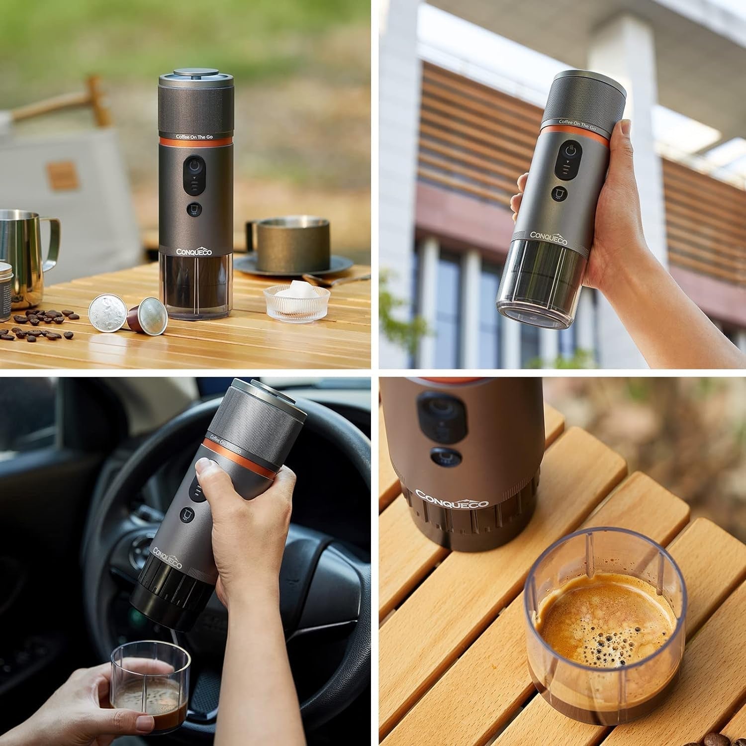 CONQUECO 12V Auto-Espressomaschine: Tragbare Espressomaschine mit Akku für Camping und Reisen – Schnelles Aufheizen in 2,5 Minuten – 8 Espressotassen in einer Ladung