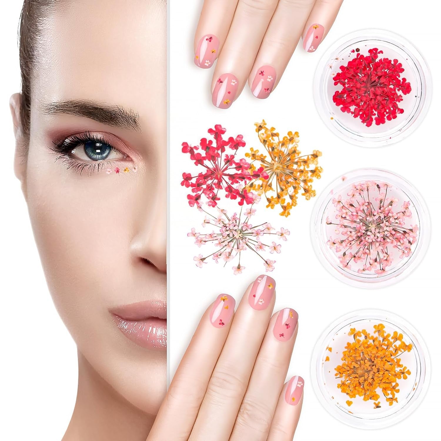 Nail Art Flowers Set Dekoration - Gelnägel Zubehör 3 Farben(Orange,Blassrosa,Rose),Nail Art Aufkleber Trockene Blumen Kit Getrocknete Blumen Zubehör Set DIY Nageldekoration