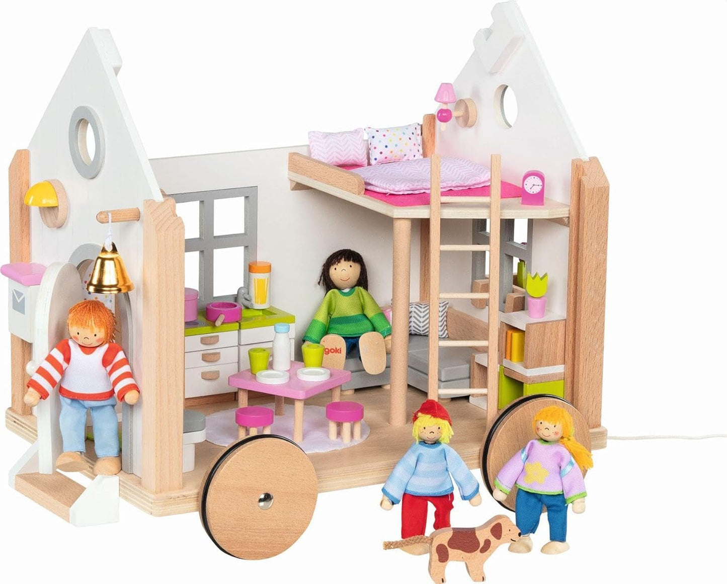Goki 51477 – Kleines Hygge-Haus aus Holz und Stoff für Mini-Puppen, bewegliches Puppenhaus im skandinavischen Stil, 38 cm x 27 cm x 33 cm, 40er-Set, ab 3 Jahren. Puppenhäuser Naty Shop