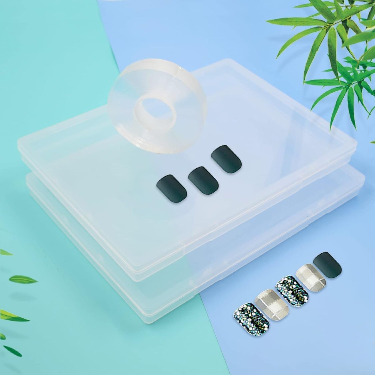 2 Stück 30 cm doppelseitiges Klebeband, Aufbewahrungsbox für künstliche Nägel, transparente rechteckige Box, Kunststoffverpackungsboxen, Nagelspitzenbehälter, künstliche Nägel, 21,8 x 15,5 cm
