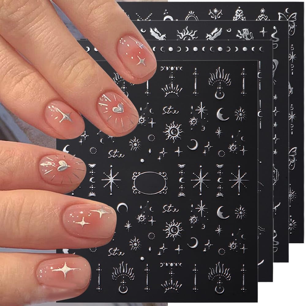 3D-Nagelaufkleber, silberfarben, metallisch, Nagelaufkleber für Frauen, Stern, Mond, Sonne, Nagelfolie, selbstklebende Aufkleber, Schmetterlings-Nagelaufkleber, Nagelaufkleber, Nageldesign-Zubehör, 8 Stück