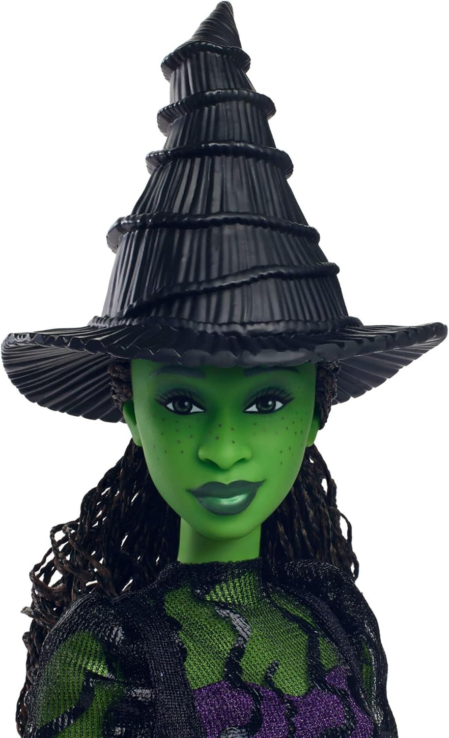 Mattel Wicked Elphaba Modepuppe und Zubehör mit grüner Haut, schwarzem geflochtenem Haar, verschiedenen möglichen Posen und abnehmbarem Ballkleid-Aussehen, HXT62, [Mehrfarbig]