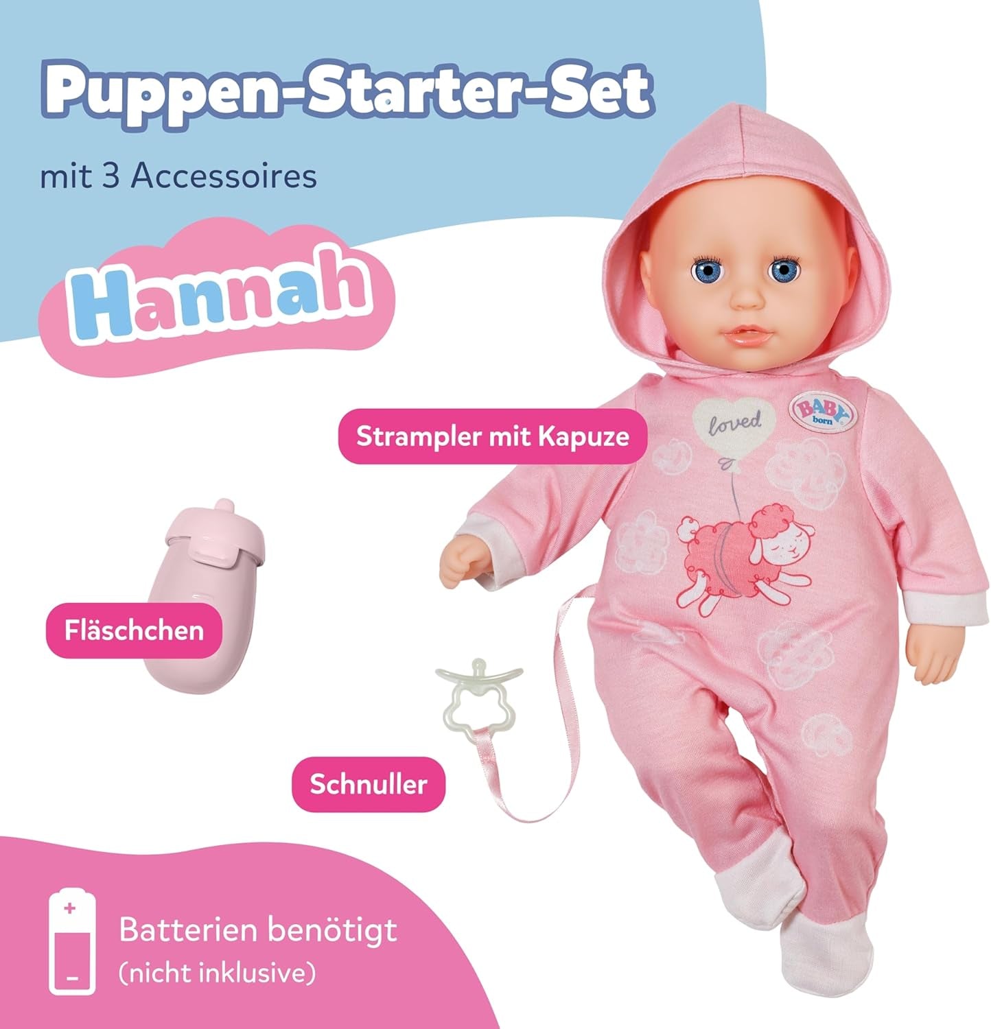 BABY Born Hannah Play with Me – Babypuppe mit 5 Funktionen – Weicher Materialkörper inklusive Zubehör – 36 cm große Puppe – Batteriebetrieben – Geeignet für Kinder ab 1 Jahr