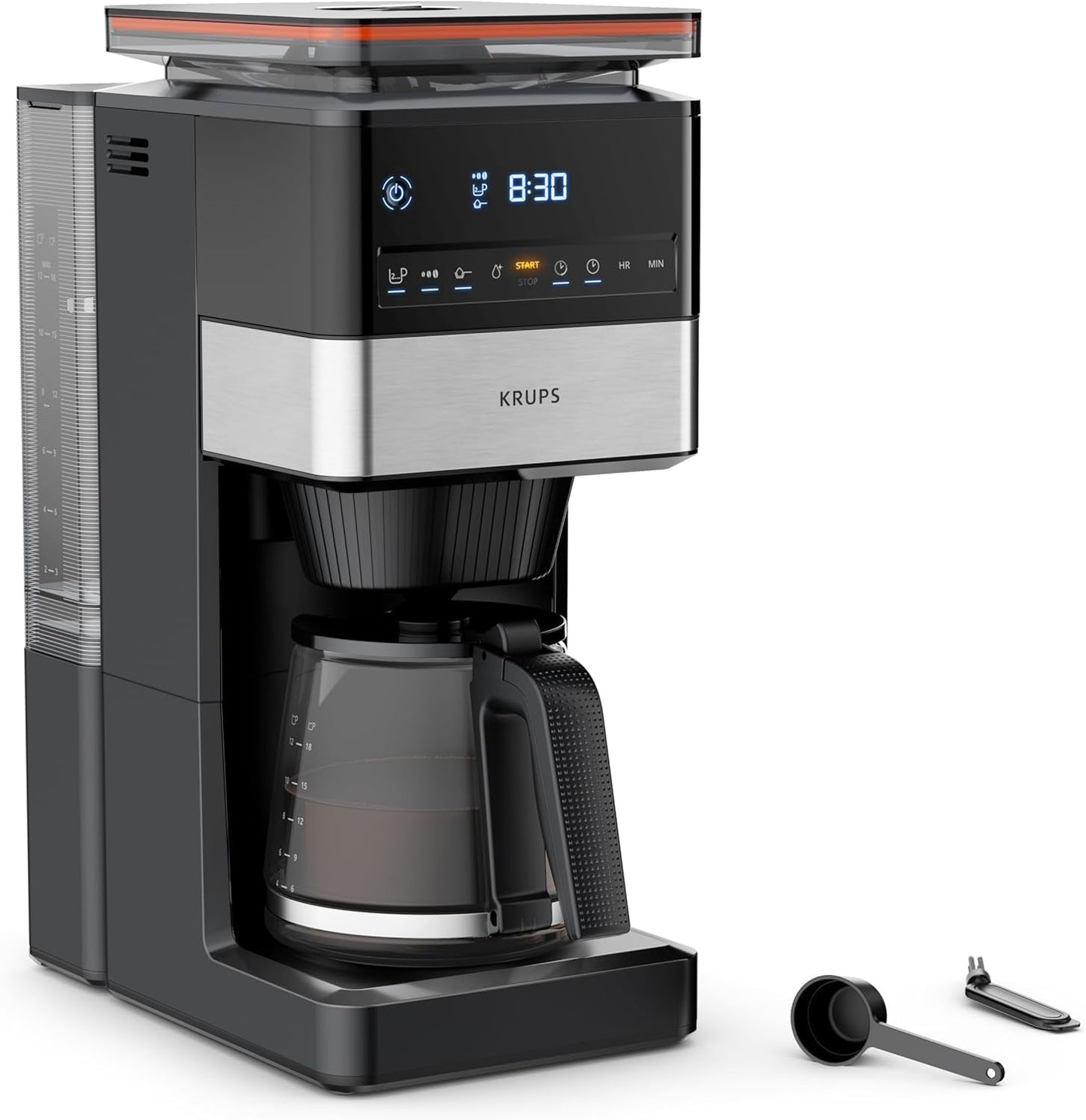 KRUPS Grind Aroma XL Espressokocher, abnehmbares konisches Mahlwerk, digitales Bedienfeld, XL-Kapazität (1,5 l), Warmhaltefunktion, Glaskaraffe, Schwarz/Edelstahl, KM842810