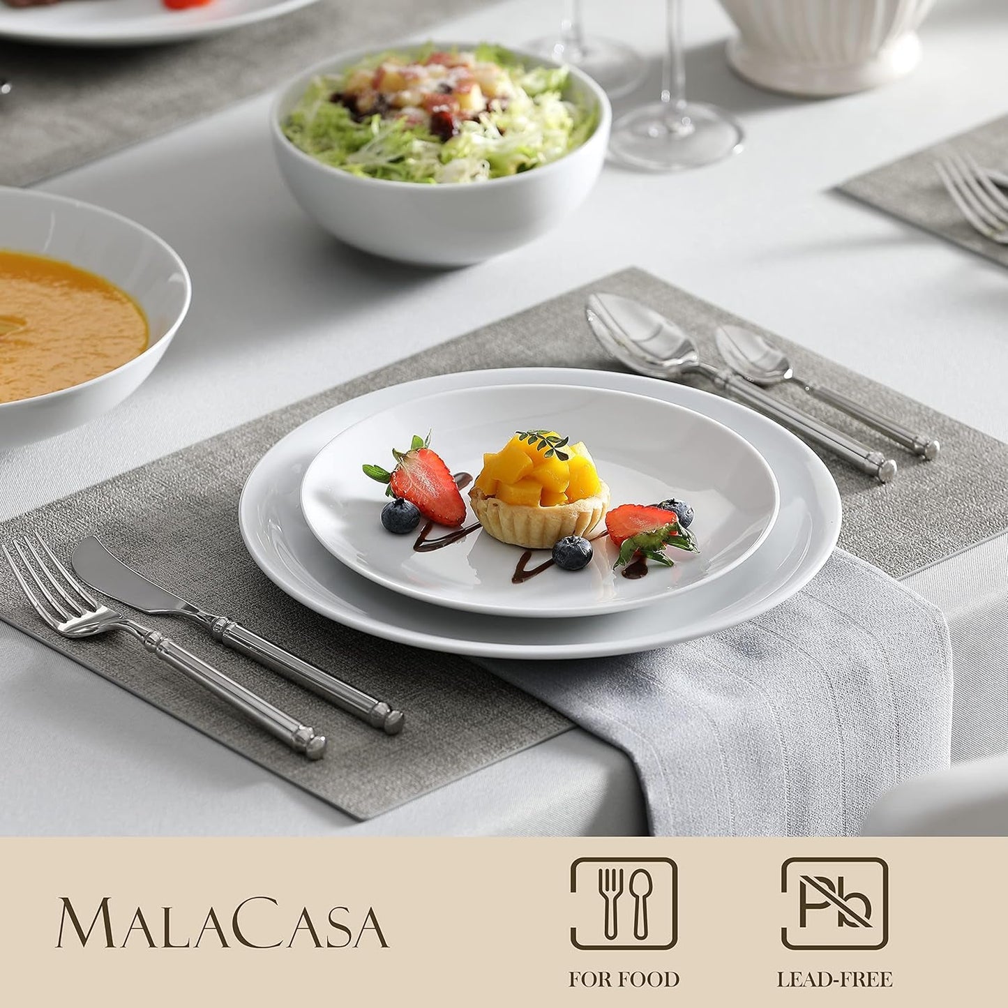 MALACASA 12-Personen-Geschirrset, Amelia 48-teiliges modernes Porzellan-Geschirrset, Tischservice mit 12 Speisetellern, Desserttellern, Suma-Tellern und Müslischalen, modernes 12-Personen-Geschirrset – Weiß