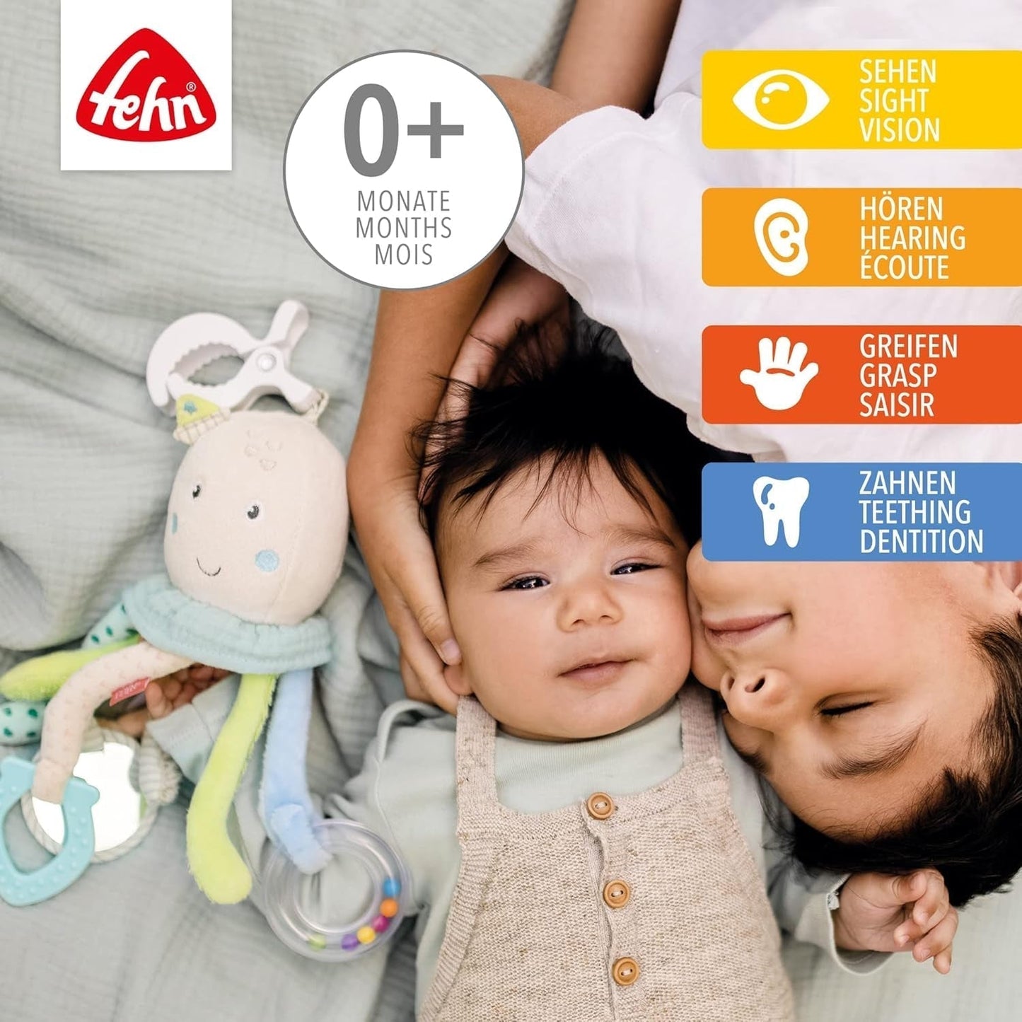 Fehn Aktivitätsspielzeug Oktopus – Baby-Motorikspielzeug für Kinderwagen und Starthilfe, Oball, Rasselspielzeug mit Greifbällen zum Spazierengehen, interaktives Babyspielzeug, Bebe Toys Naty Shop