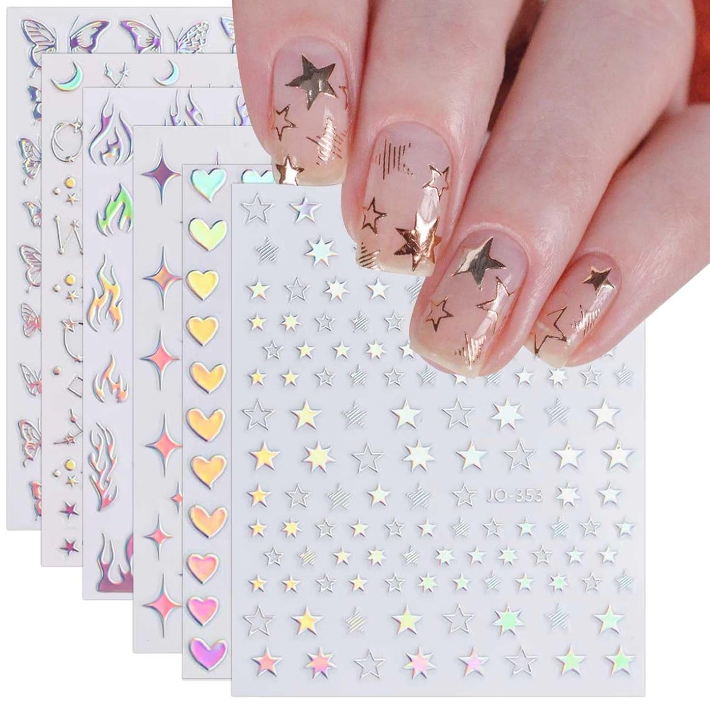 JMEOWIO Nagelsticker Aurora Holografisch 9 Blatt Nagelaufkleber Selbstklebend Herz-Flamme Spielt Schmetterlings-Mond Die Steuern Nail Art Sticker Dekoration Nageldesign Zubehör