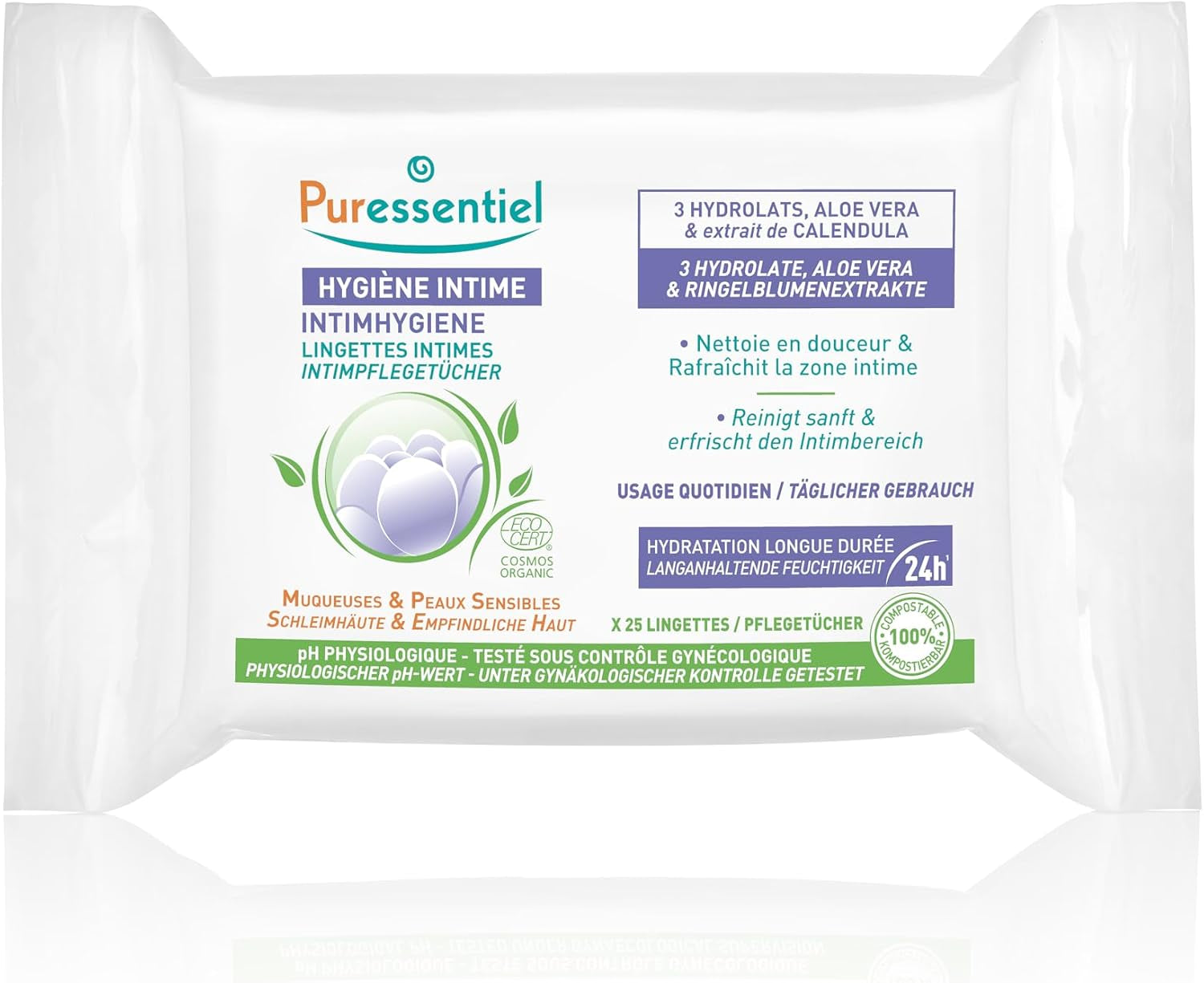Puressentiel - Intimhygiene - Intimtücher - Reinigend und erfrischend - Empfindliche Schleimhäute und Haut - Langanhaltende Feuchtigkeitsversorgung 24 Stunden - Für den täglichen Gebrauch - X25 Stck.