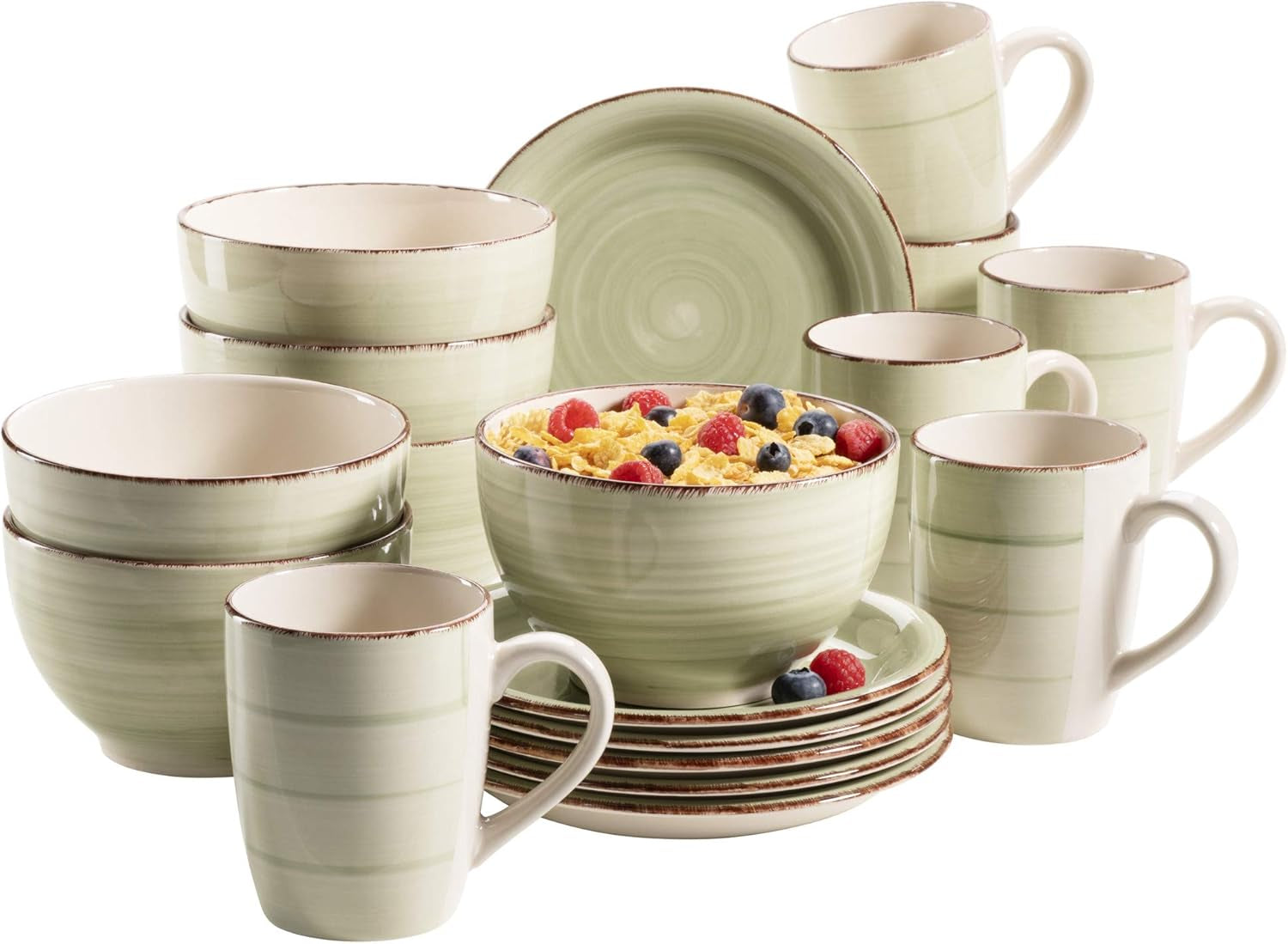 MÄSER 931490 Bel Tempo II Frühstücksset für 6 Personen im Vintage-Look, handbemalte Keramik, 18-teiliges Tafelservice, grün, Steingut