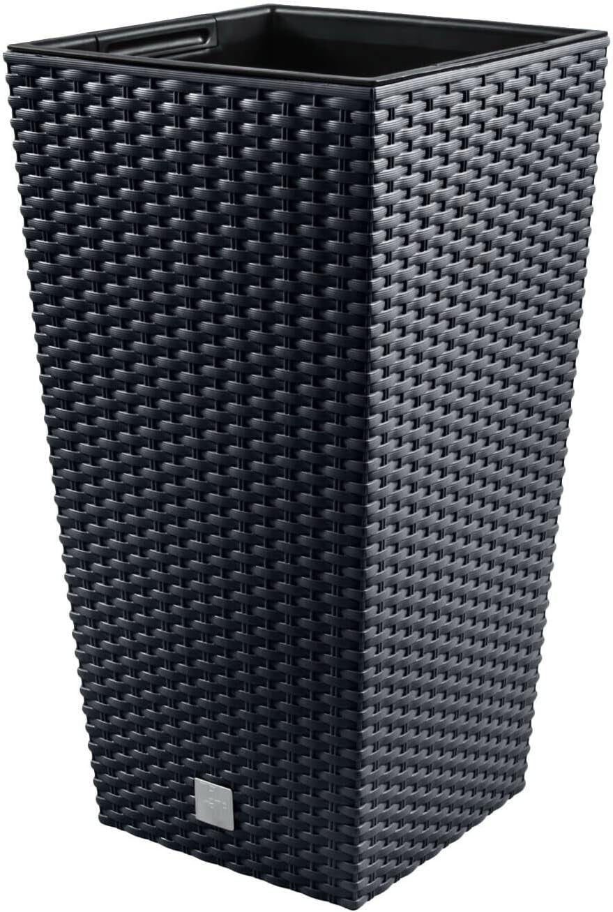 Prosperplast Rattan-Optik-Töpfe/Töpfe mit Einsatz | 26,5 x 26,5 x 50 cm | Anthrazit | witterungs- und UV-beständig | aus stabilem Kunststoff | für innen und außen