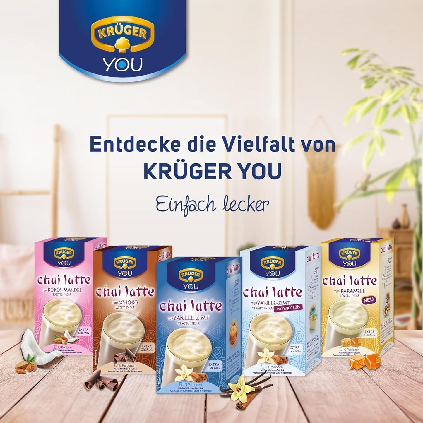 KRÜGER YOU Chai Latte Vanille-Zimt, Instantzubereitung für Milchgetränke, aromatisiert mit Vanille und Zimt, 250 g (10 Beutel à 25 g)