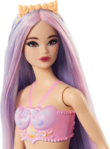 Barbie-Meerjungfrau-Puppe mit rosa und lilafarbenem Haar und Stirnband, Muscheloberteil und lavendelblauer Schwanzflosse, HRR06 Naty Shop-Puppen