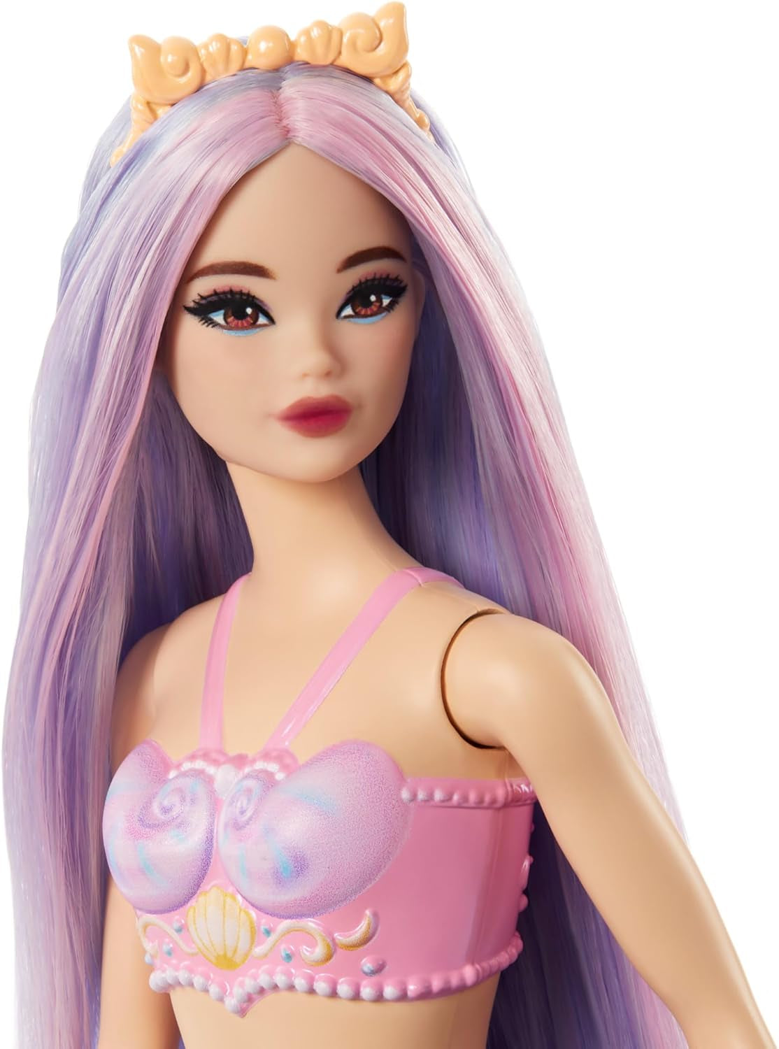 Barbie-Meerjungfrau-Puppe mit rosa und lilafarbenem Haar und Stirnband, Muscheloberteil und lavendelblauer Schwanzflosse, HRR06 Naty Shop-Puppen
