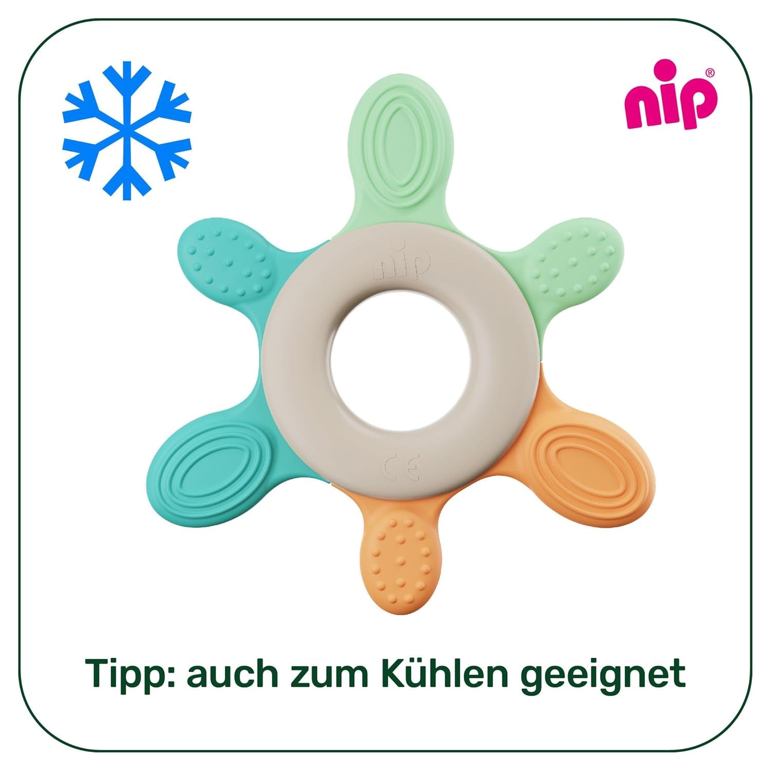 nip – Beißring | Nachhaltiger Beißring für Babys ab 3 Monaten, hergestellt aus über 65 % natürlichen Rohstoffen. Zur sanften Massage von Zahnfleisch, Zunge und Zähnen | Rot/Grün/Orange