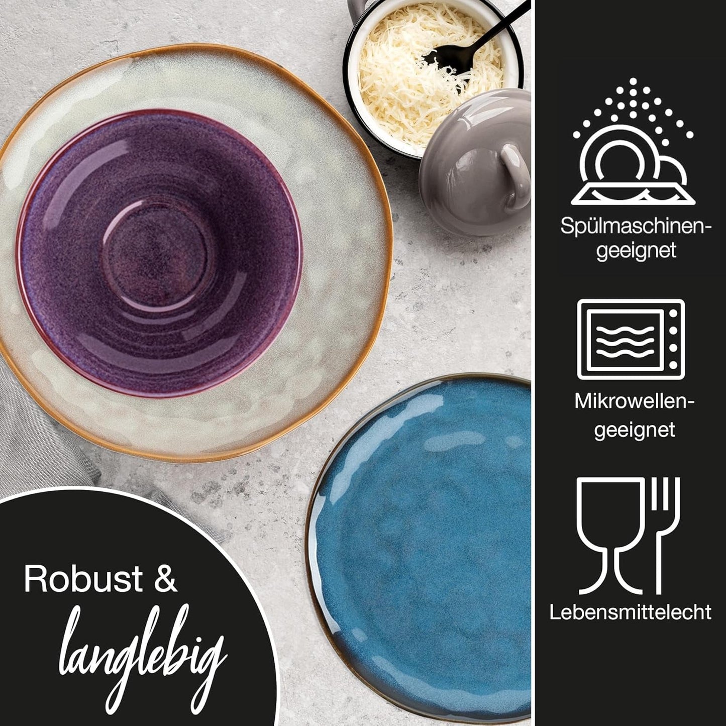 Moritz & Moritz COPA 16-tlg Geschirrset 4 Personen - Elegantes Teller Set aus hochstehendem Steinzeug - Geschirr Set 4 Personen aus je 4x Dinnerteller, Dessertteller, Müslischale & Kaffeebecher