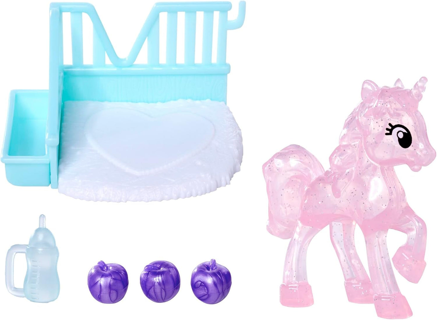 Simba Evi Love Einhorn-Spielpuppe trägt ein süßes Einhornkleid mit passendem Stirnband, inklusive Einhorn mit Stall, Äpfeln und einer Trinkflasche, 12 cm, ab 3 Jahren
