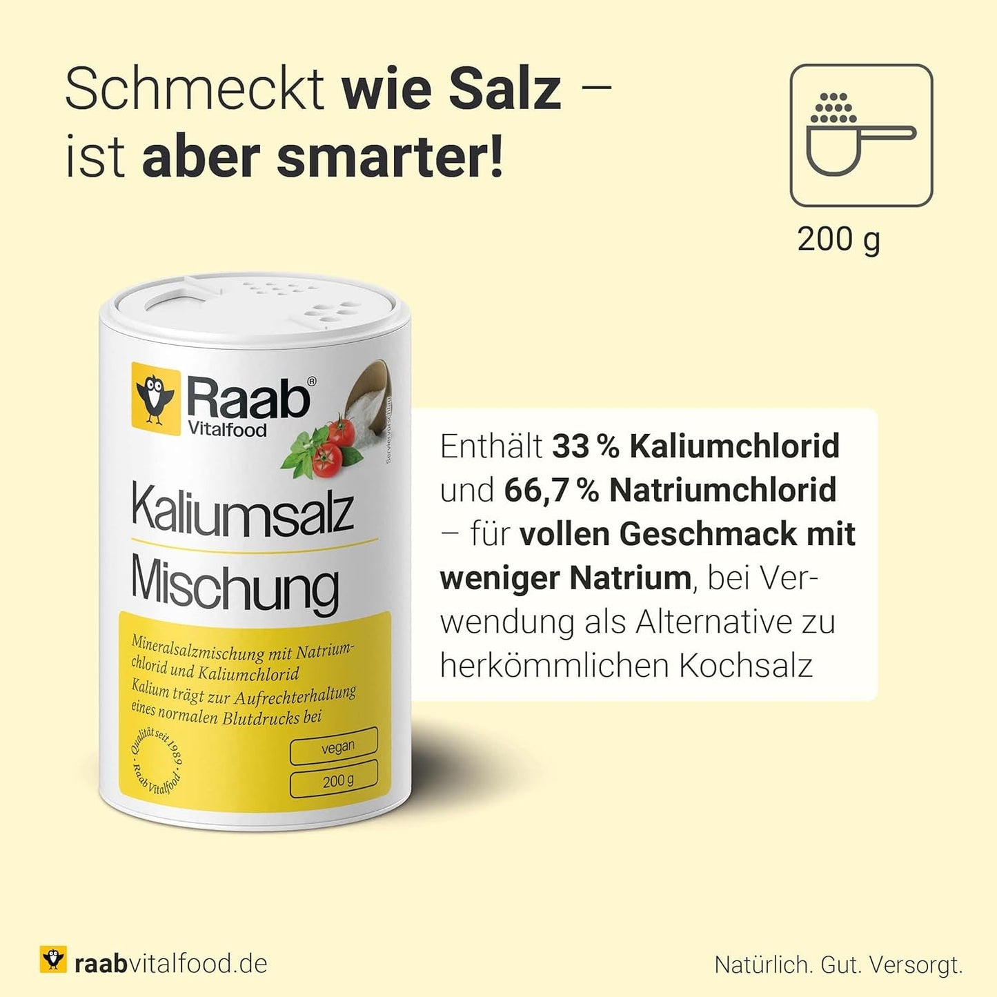 Raab Vitalfood Kalium salt-Mischung, Mineralsalzmischung mit 66,7 % Natriumchlorid (Kochsalz) und 33 % Kaliumchlorid, Kalium trägt zur A Stärkung eines normalen Blutdrucks bei (1 x 200 g Dose)