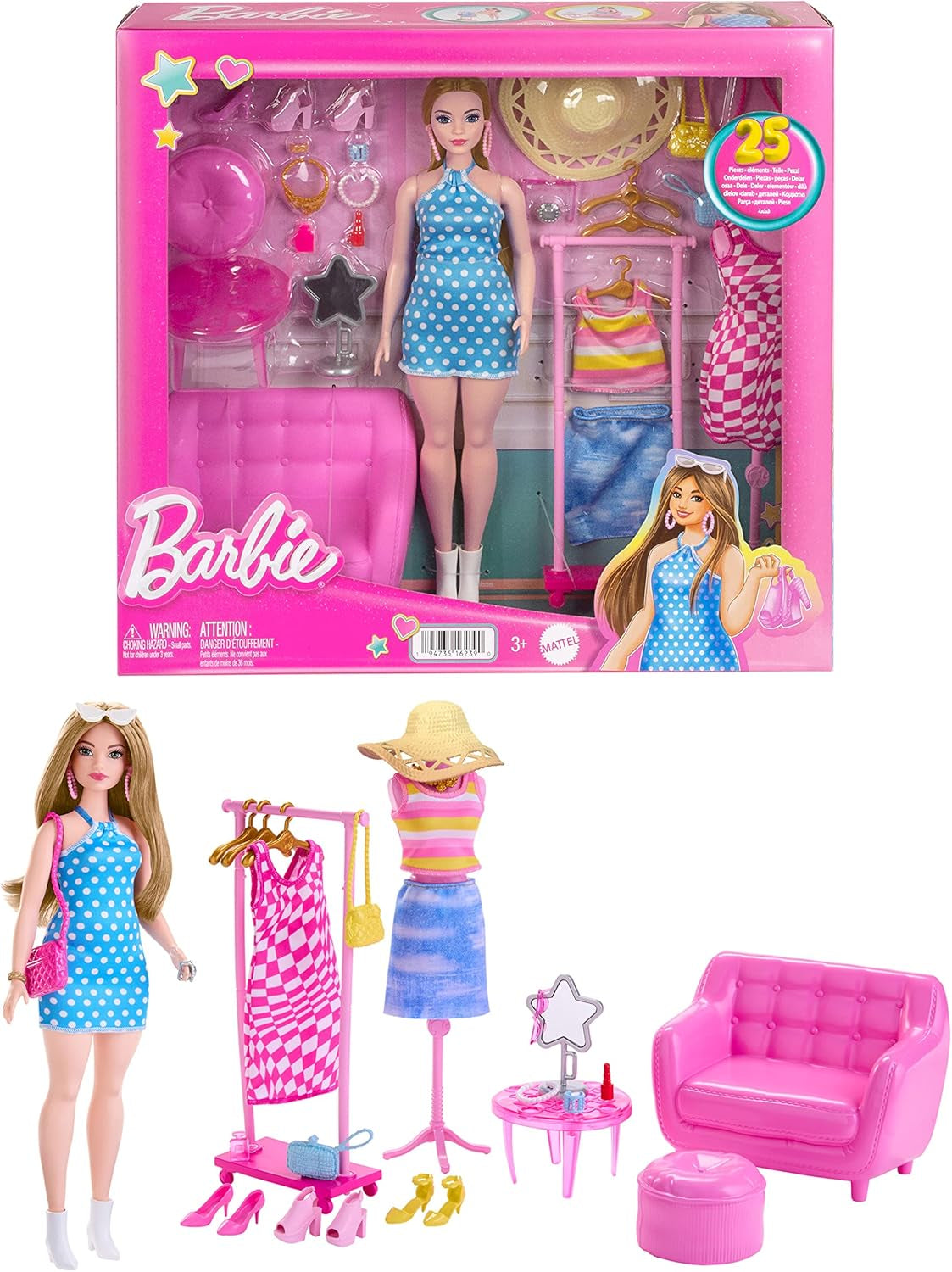 Barbie-Modepuppe und Kleiderschrank-Set mit Kleidung, Accessoires und Salonmöbeln, langanhaltender Friseurspaß für Kinder ab 3 Jahren, HPL78