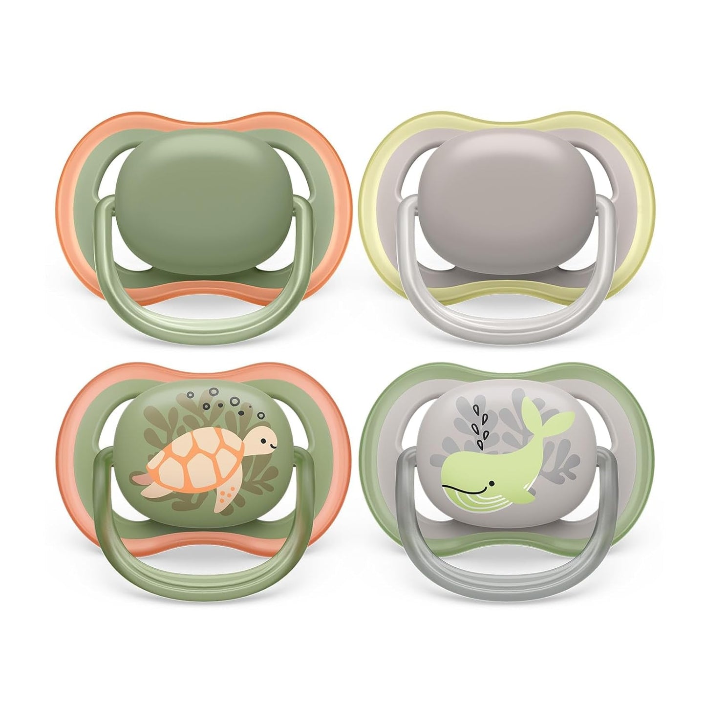 Philips AVENT Ultra Air-Schnuller – 4er-Pack BPA-freie, atmungsaktive Schnuller für Babys von 6–18 Monaten, inklusive Tragetasche und Sterilisation, Schildkröten-/Wal-Muster (Modell SCF085/66)