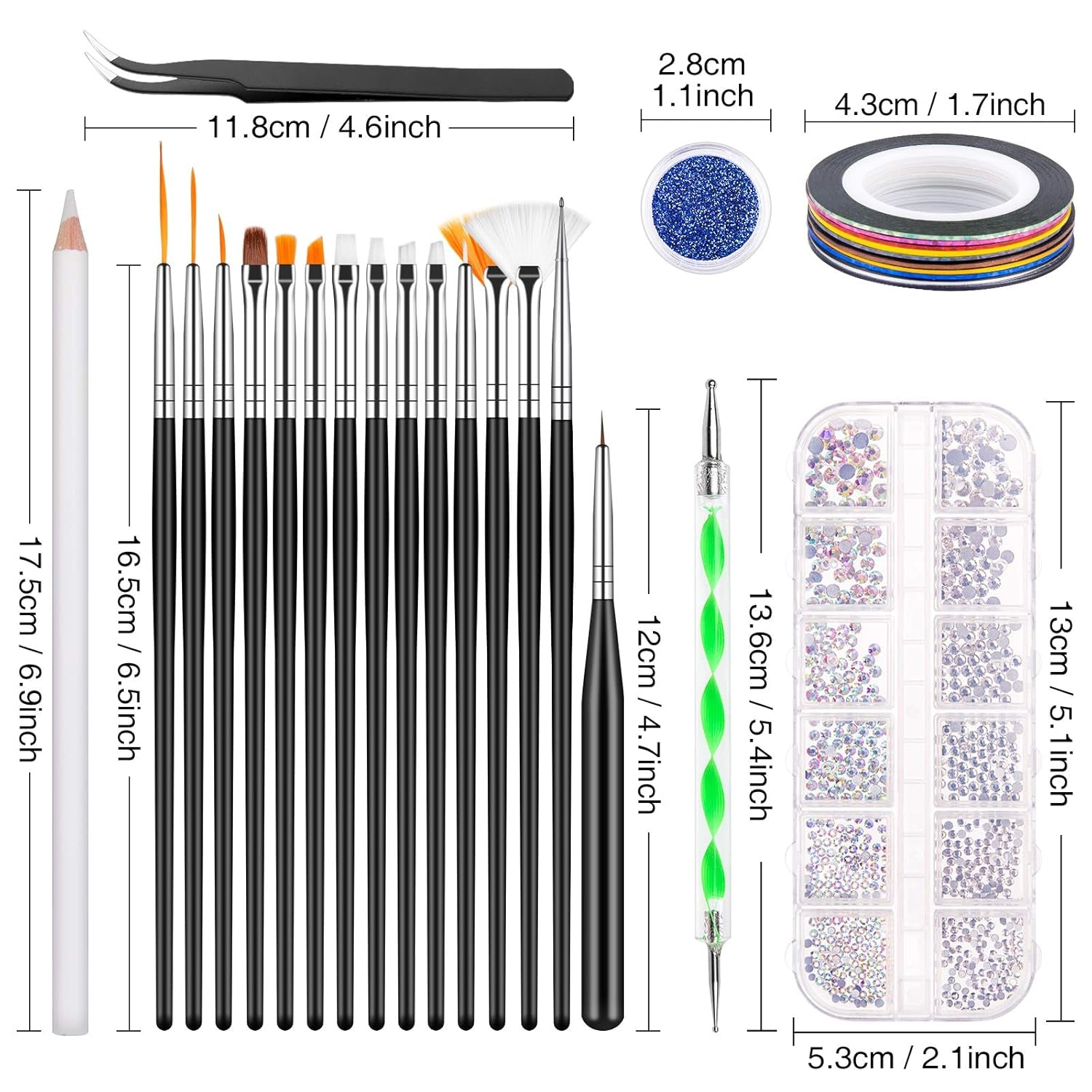MELLIEX 45 Stück Nail Art Dekoration Zubehör Set, Nägel Pinsel Strasssteine ​​​​Glitzer Goldfolie Nageldesign Dotted Pen Streifenband Für Nagelkunst Maniküre Set