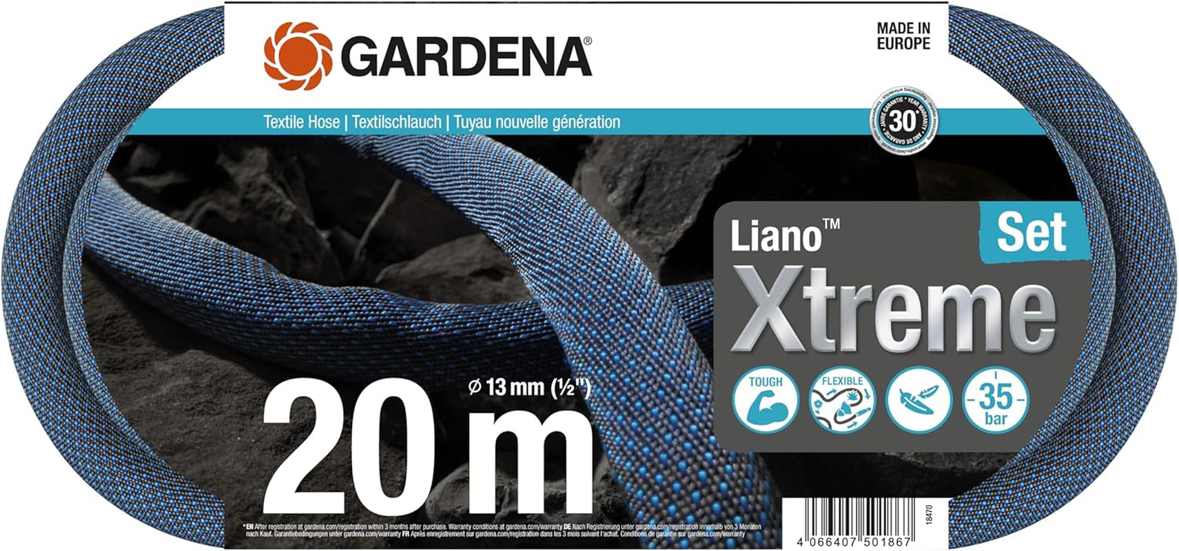 Gardena Liano Xtreme 1/2 Zoll 20 m Set: Extrem robuster Textil-Gartenschlauch mit leichtem, wetterfestem PVC-Innenschlauch (18470-20)