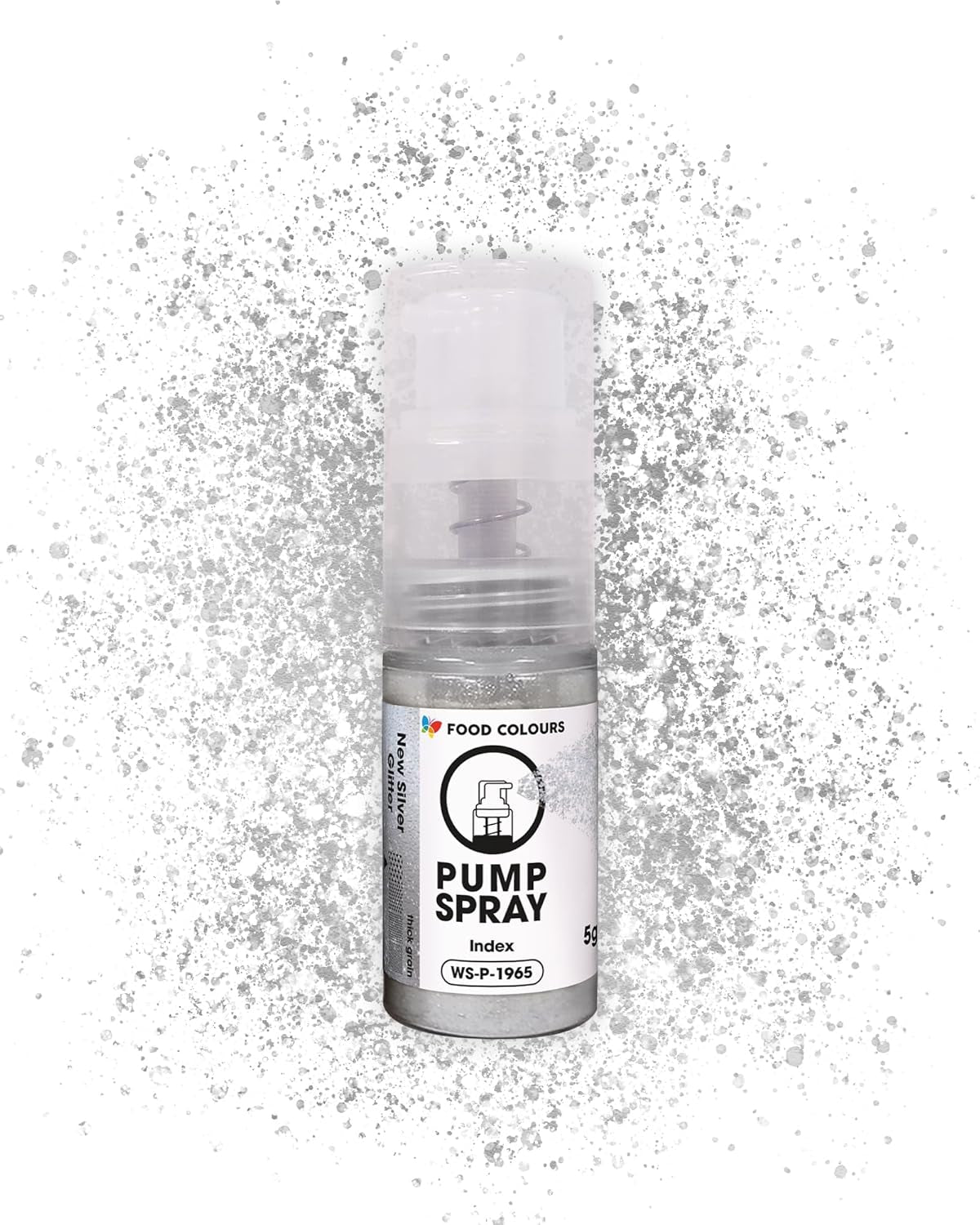 Essbares Glitzer-Lebensmittelspray NEW SILVER SHIMMERING 5G Pump mit Metallic-Pulver für die schnelle und effektive Dekoration von Kuchen, Cremes, Gelees, Pralinen, Schokoladen- und Zuckerdekorationen