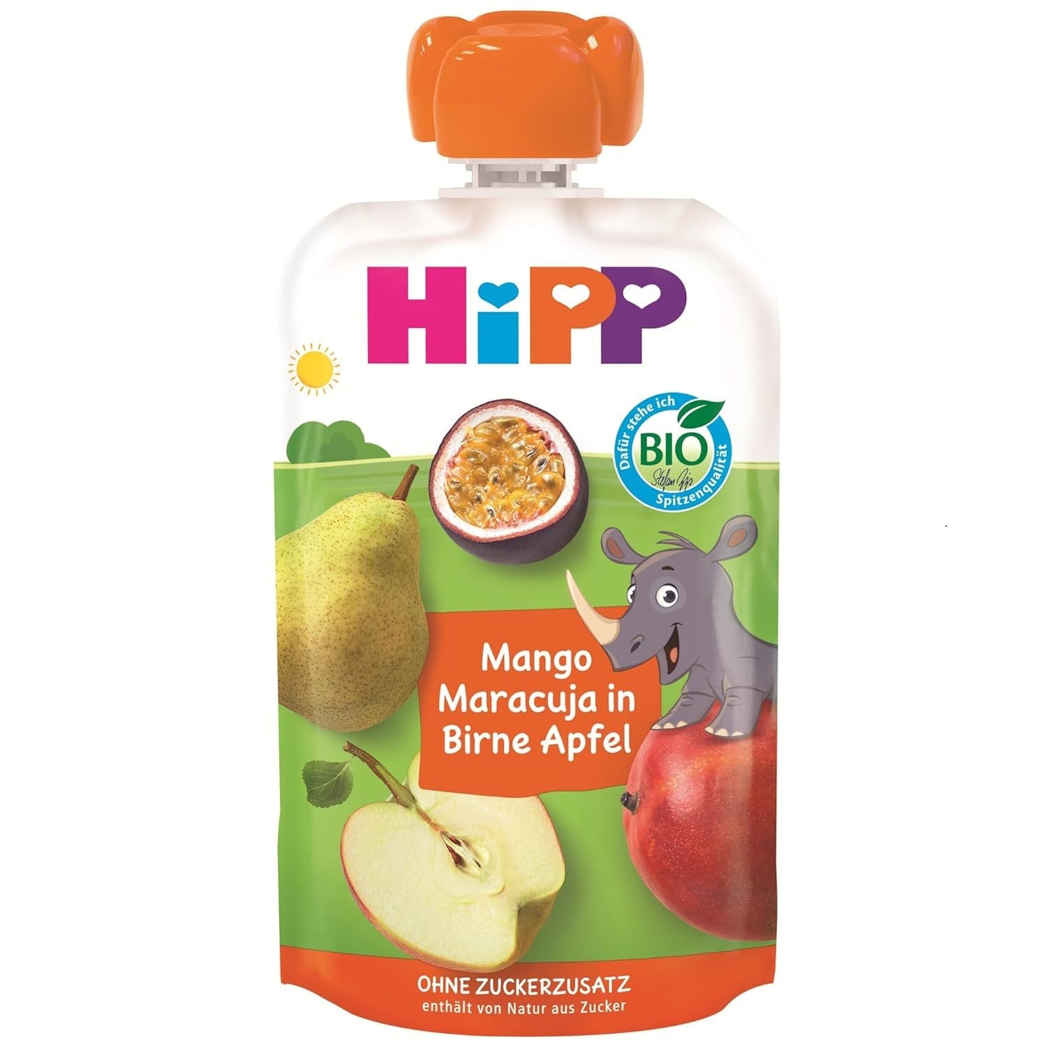 HiPP Bio Mango-Maracuja im Geschmacksbeutel Birne-Apfel – Nick Rhino (8 x 100g), ab 1 Jahr, 100 % Fruchtpüree, ohne Zuckerzusatz, vegan, beste Bio-Qualität