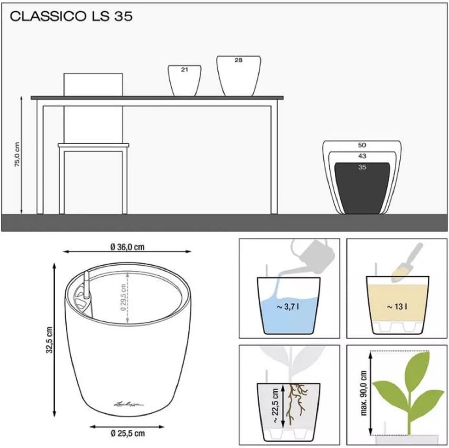 Pflanzgefäß LECHUZA Classico Color LS schiefergrau mit Bewässerungssystem |Ø 35 × 32 cm|14281