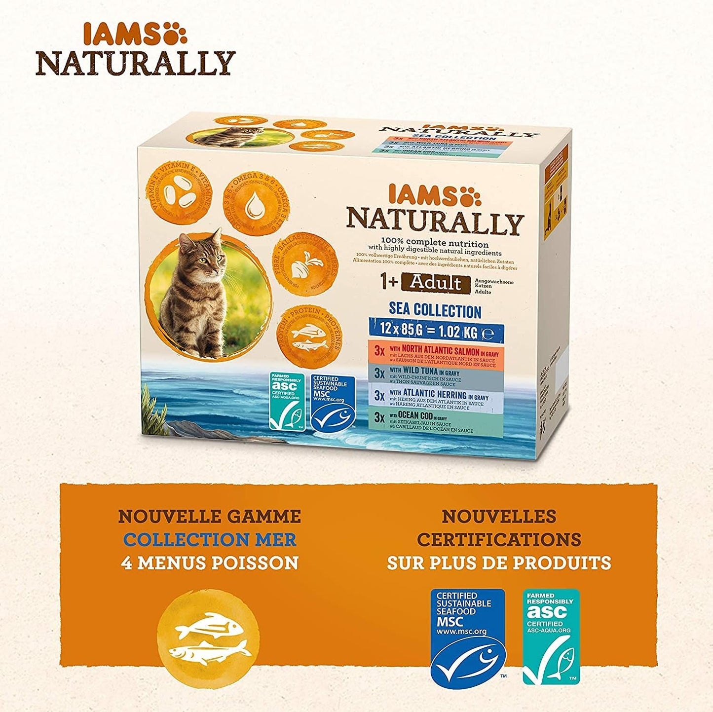 IAMS Natürliches Nassfutter für Katzen in Soße – Hochwertiges Nassfutter mit Fisch für ausgewachsene Katzen, Sea Collection, 12 x 85 g