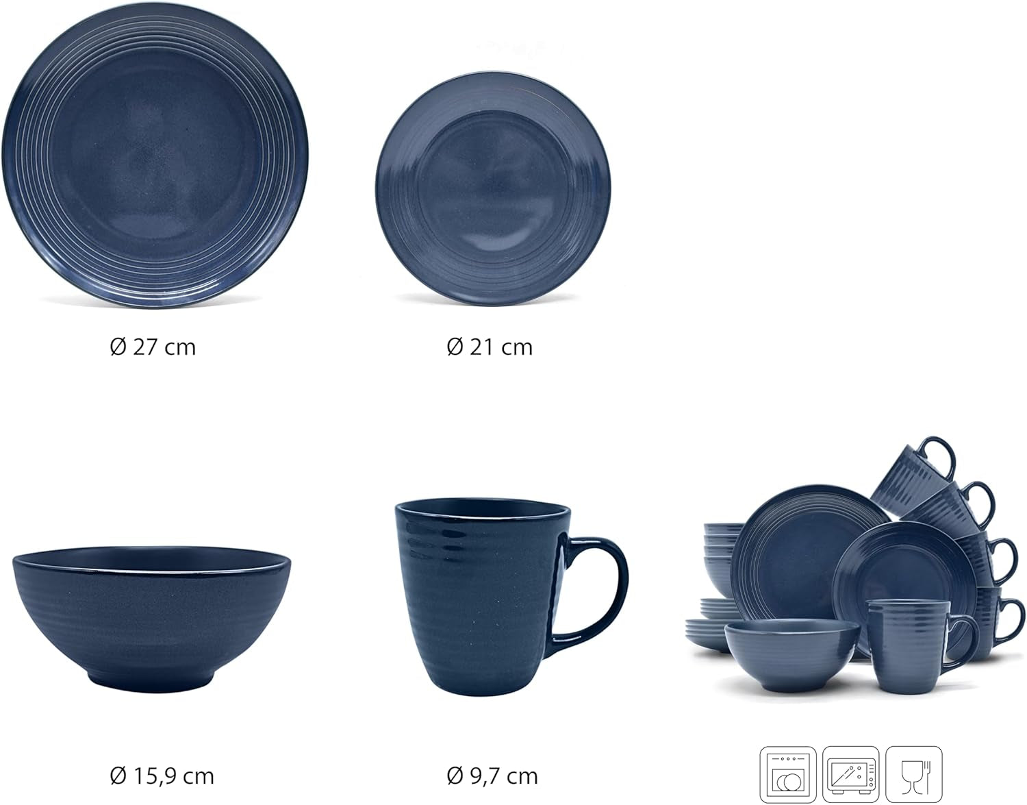 ECHTWERK „Alicia“ 16-teiliges Vintage-Kombinationsgeschirr-Set, modernes Design für 4 Personen, elegantes dunkelblaues Steinzeug-Geschirrset mit 4 Tellern, 4 Beilagentellern, 4 Schüsseln und 4 Teetassen