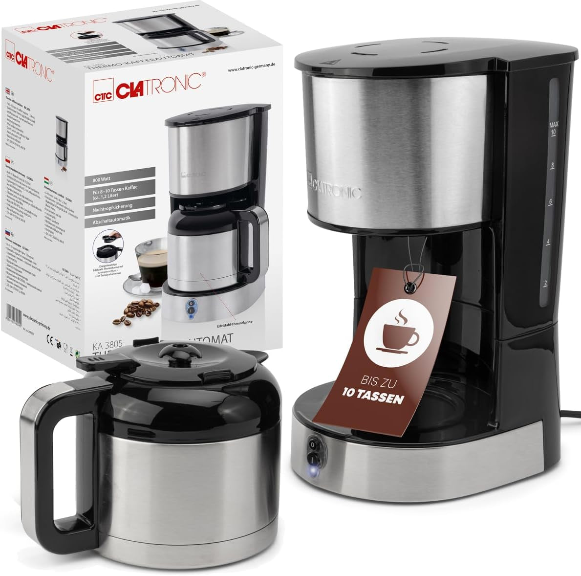 Clatronic® Kaffeemaschine mit Thermokaraffe für 8–10 Tassen Kaffee (ca. 1,2 l) | Filterkaffeemaschine aus Edelstahl | Doppelwandige Thermoskaraffe | Kein Temperaturverlust | Kaffeemaschine 800 W | KA 3805