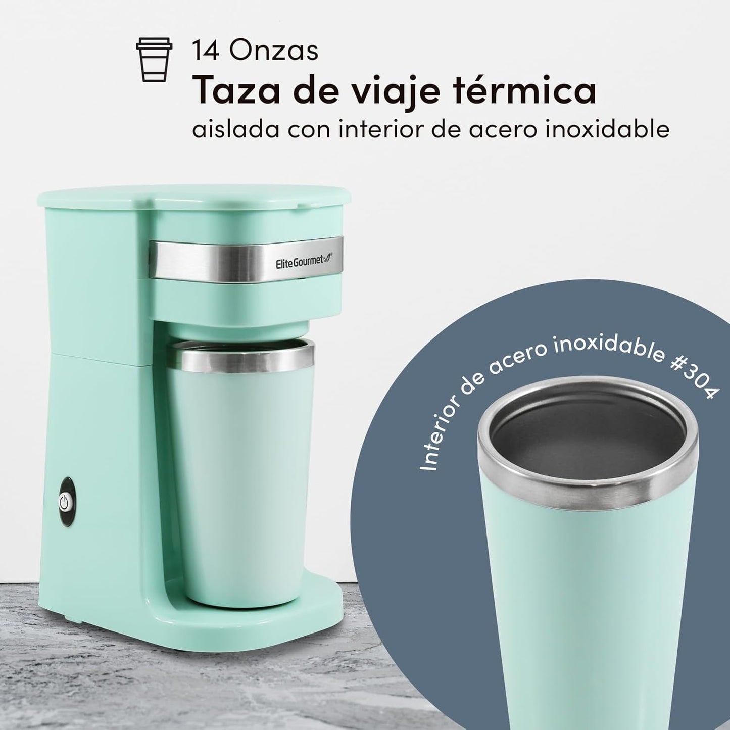 EHC113M# Kompakter persönlicher Filter-Espressobereiter für Einzelportionen mit Edelstahl-Reise-Thermobecher im Inneren, gemahlener Kaffee, wiederverwendbarer Filter, Mintgrün, 400 ml
