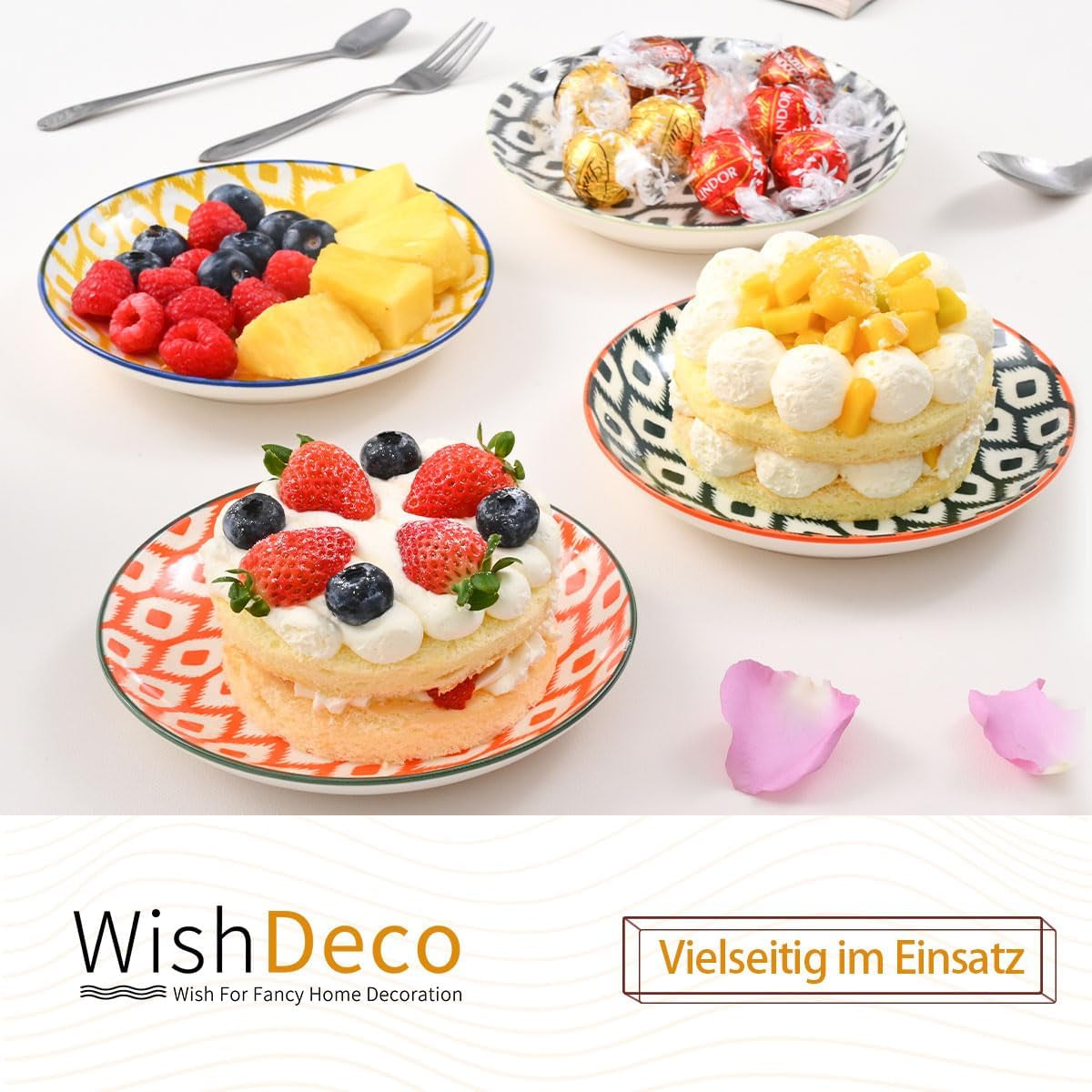 Kuchenteller, 6er-Set; kleine Dessertteller (15 cm); Salatteller aus Porzellan; bunte Teller zum Frühstück; Miniteller für Nudeln, Obst, Brot
