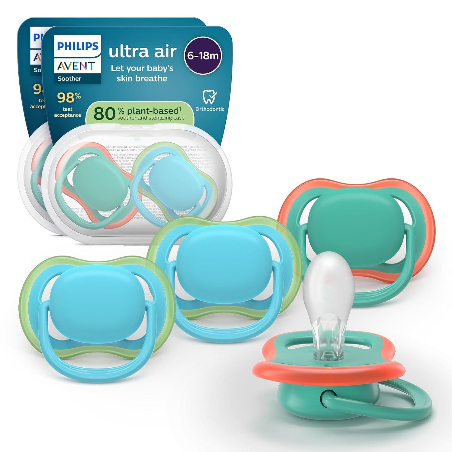 Philips AVENT Ultra Air-Schnuller – 4er-Pack BPA-freie, atmungsaktive Schnuller für Babys von 6–18 Monaten, inklusive Tragetasche und Sterilisation, Schildkröten-/Wal-Muster (Modell SCF085/66)