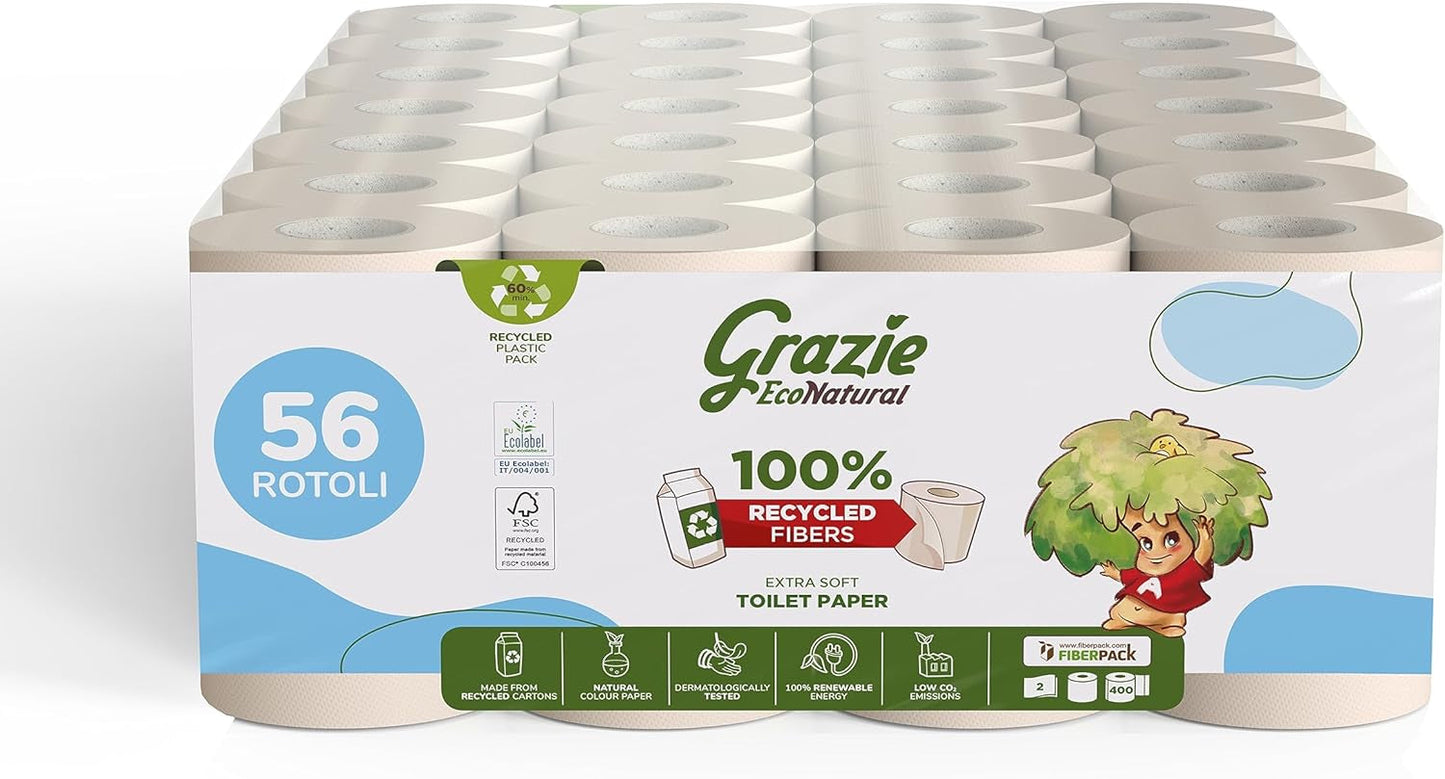 Grazie Natural Toilettenpapier, Econatural, 56 Rollen, recyceltes Fibrepack-Toilettenpapier, 100 % ökologisch, umweltfreundlich, Ecolabel-zertifiziert und FSC-recycelt, hergestellt in Italien