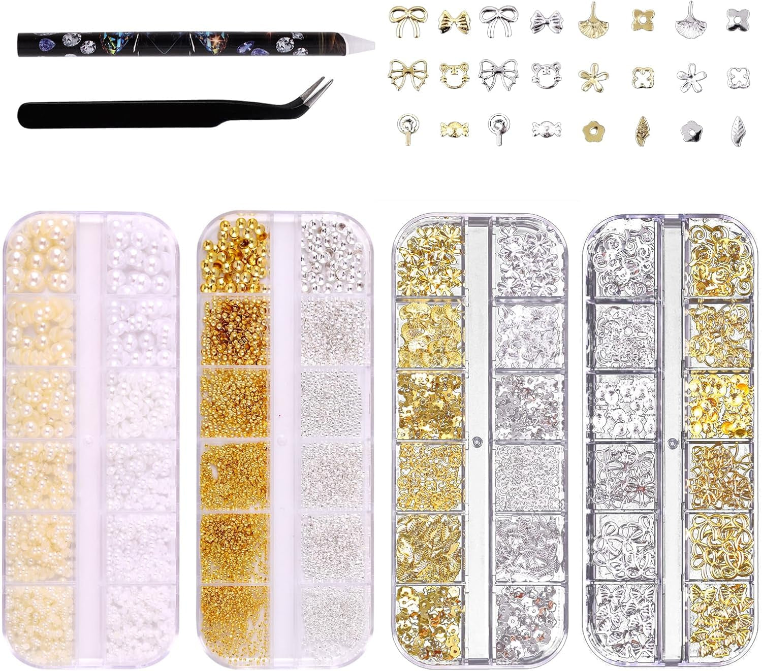 Nagel-Schlüsselanhänger, 4er-Box-Set – 48 Arten goldene und silberne 3D-Nagel-Schlüsselanhänger (Schmetterlinge, Blumen, Perlen usw.) + Pinzette und Stift – für selbstgemachte Gel- und Acrylnägel | Ideal für Nagelstudio und Zuhause