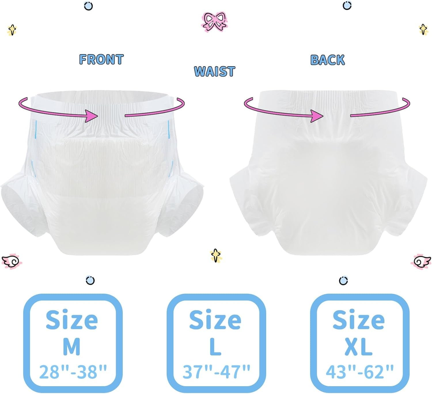 CutiePlusU Windeln für Erwachsene, trockene Oberfläche, maximale Saugfähigkeit über Nacht, Einweg-Inkontinenzwindel – Blau, Rosa, Weiß, 3er-Pack (Mittel 71–96 cm)
