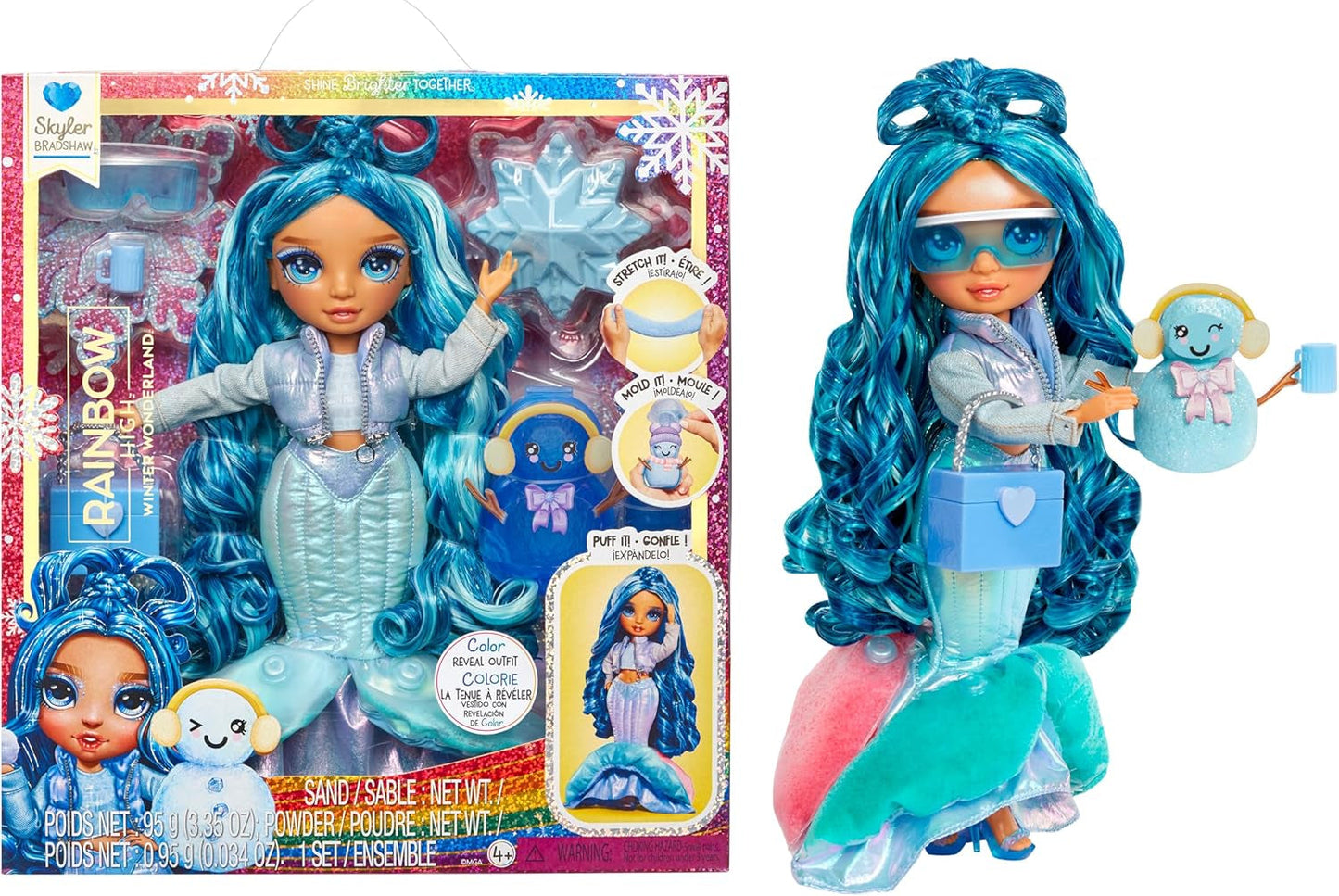Rainbow High Winter Wonderland – Skyler (blau) – 28 cm große versteckte magische wasserspeichernde Schnee-Modepuppe mit Schneemann-Set, geeignet für Kinder im Alter von 4–12 Jahren und Sammler. Naty Shop Skyler-Puppen (blau)